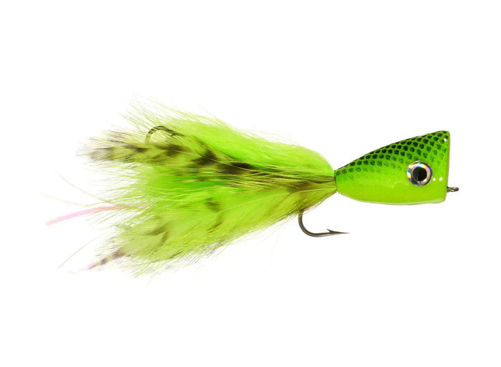 Rainy's CB Tandem Popper 4/0 fishing lure in bright green with feathered tail and detailed head designed for musky fishing tackle.