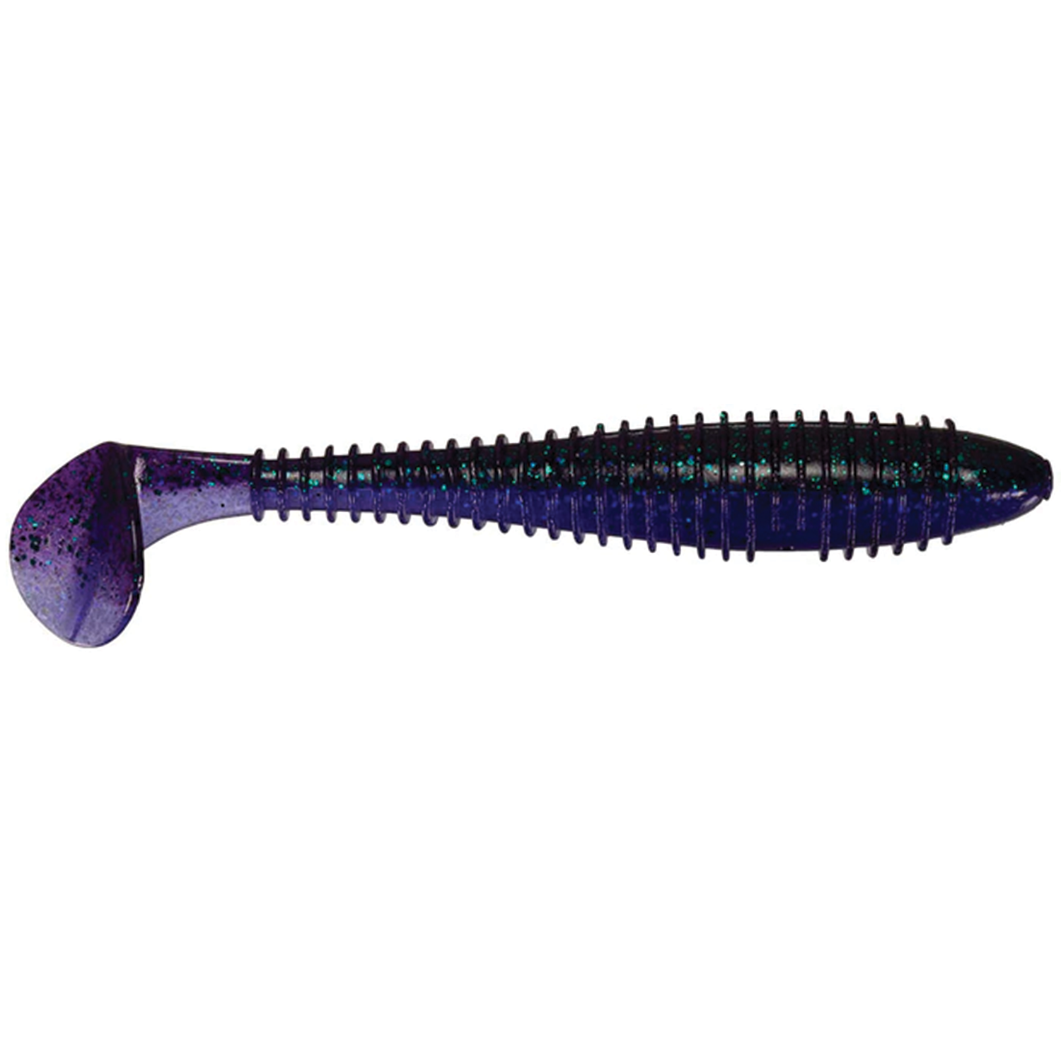 Keitech Fat Swing Impact 3.3" soft fishing lure in dark purple with ribbed body and paddle tail, designed for realistic movement in freshwater fishing tackle.