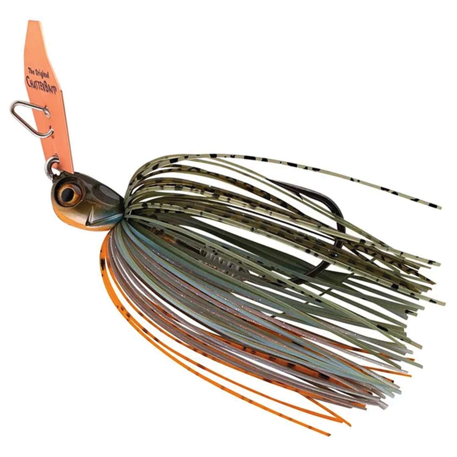 Z-Man Chatterbait Elite Evo fishing lure with a detailed head, orange blade, and multicolored skirt designed for effective fishing tackle use.