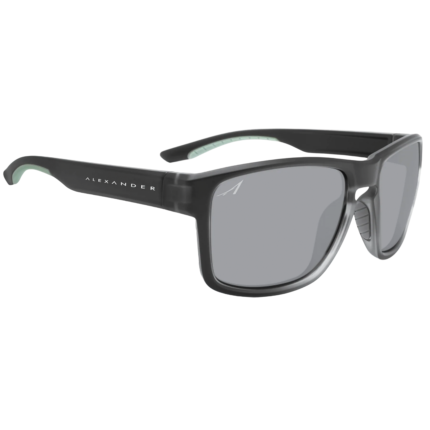 Alexander Sunglasses featuring a sleek black frame with gray polarized lenses, designed for outdoor use and enhanced visual clarity during fishing and marine activities.