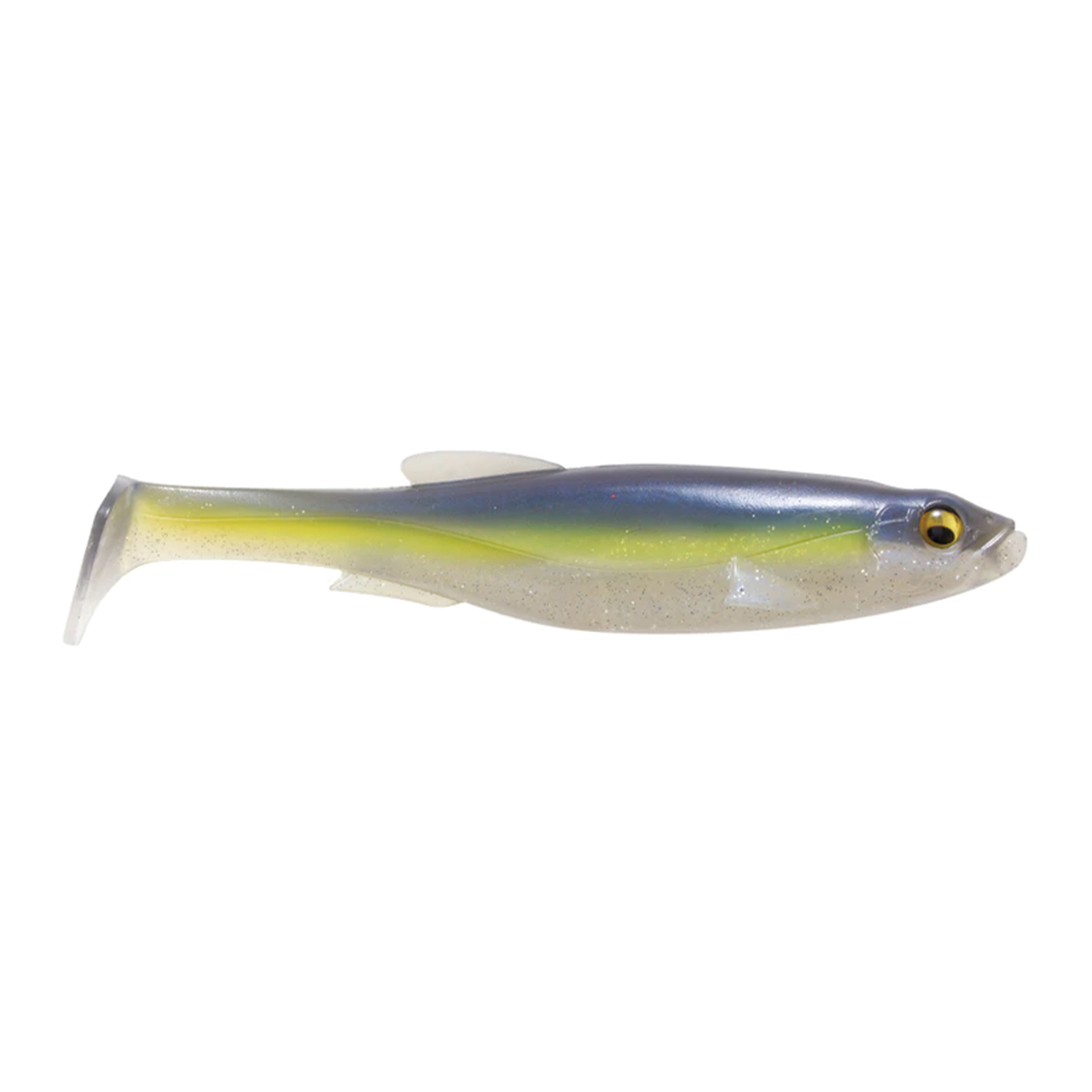 Soft plastic fishing lure resembling a small baitfish with blue, yellow, and translucent body details, designed for use with the Megabass Magdraft 6" Freestyle fishing rod.
