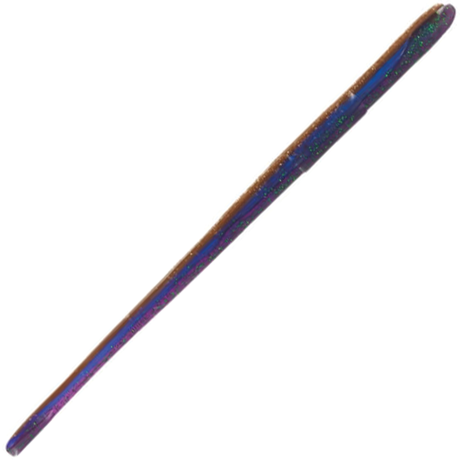 Roboworm Straight Tail Worm fishing lure in blue and purple hues with glitter accents, designed for freshwater fishing tackle targeting musky and other species.