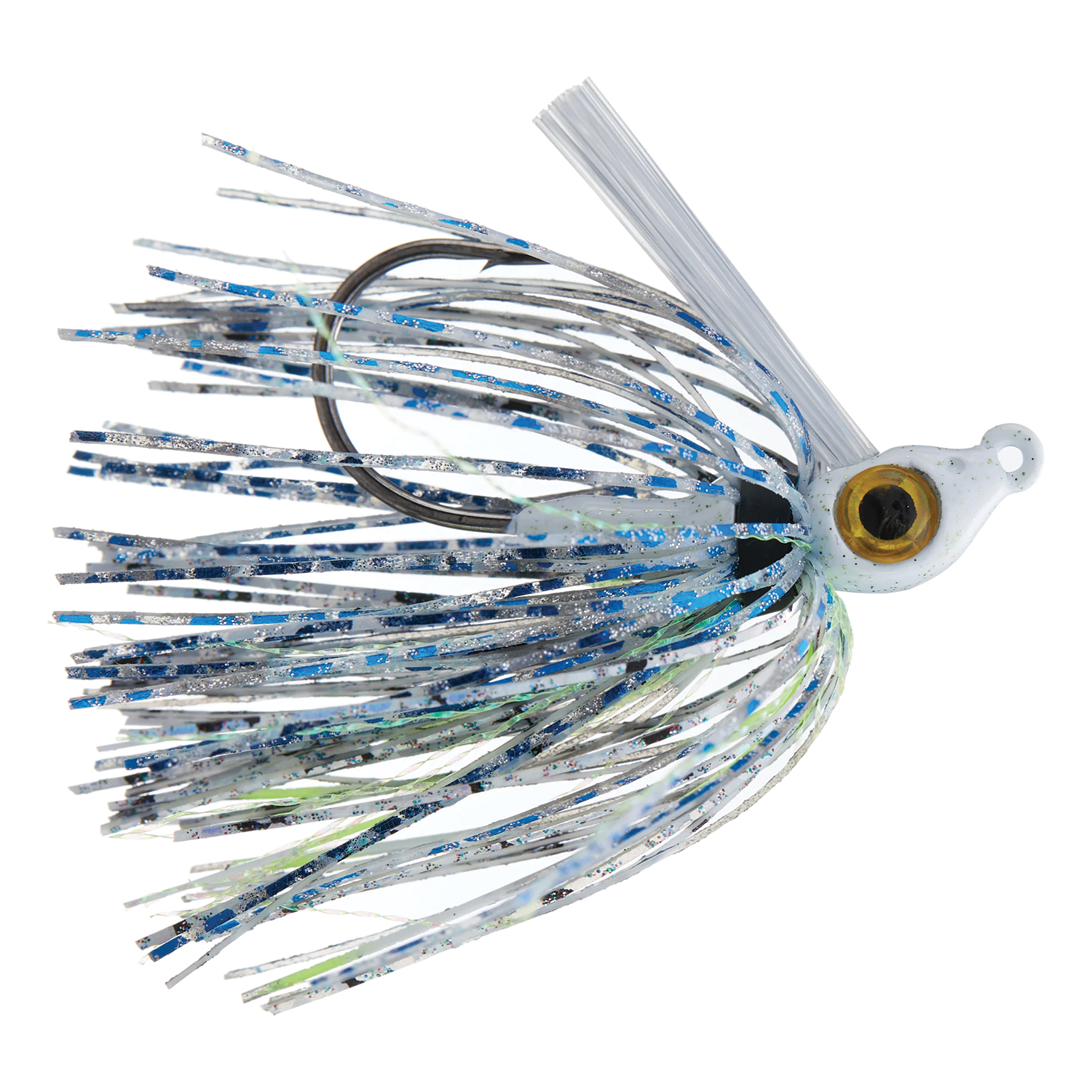 Beast Coast Working Man's Swim Jig featuring a white and blue speckled skirt, lifelike yellow eye, weed guard, and a sharp hook, designed for effective fishing tackle use.