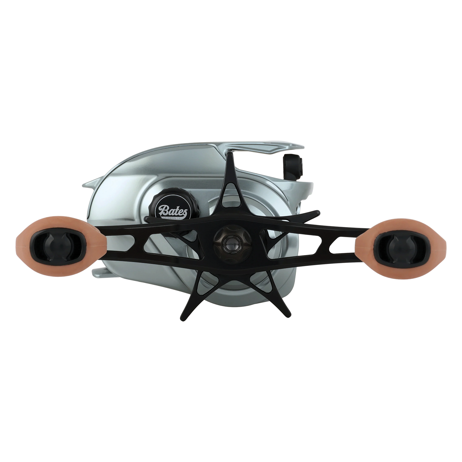 Bates The Hundo'50 baitcasting fishing reel in silver with black and tan ergonomic handles designed for smooth performance in fishing tackle.
