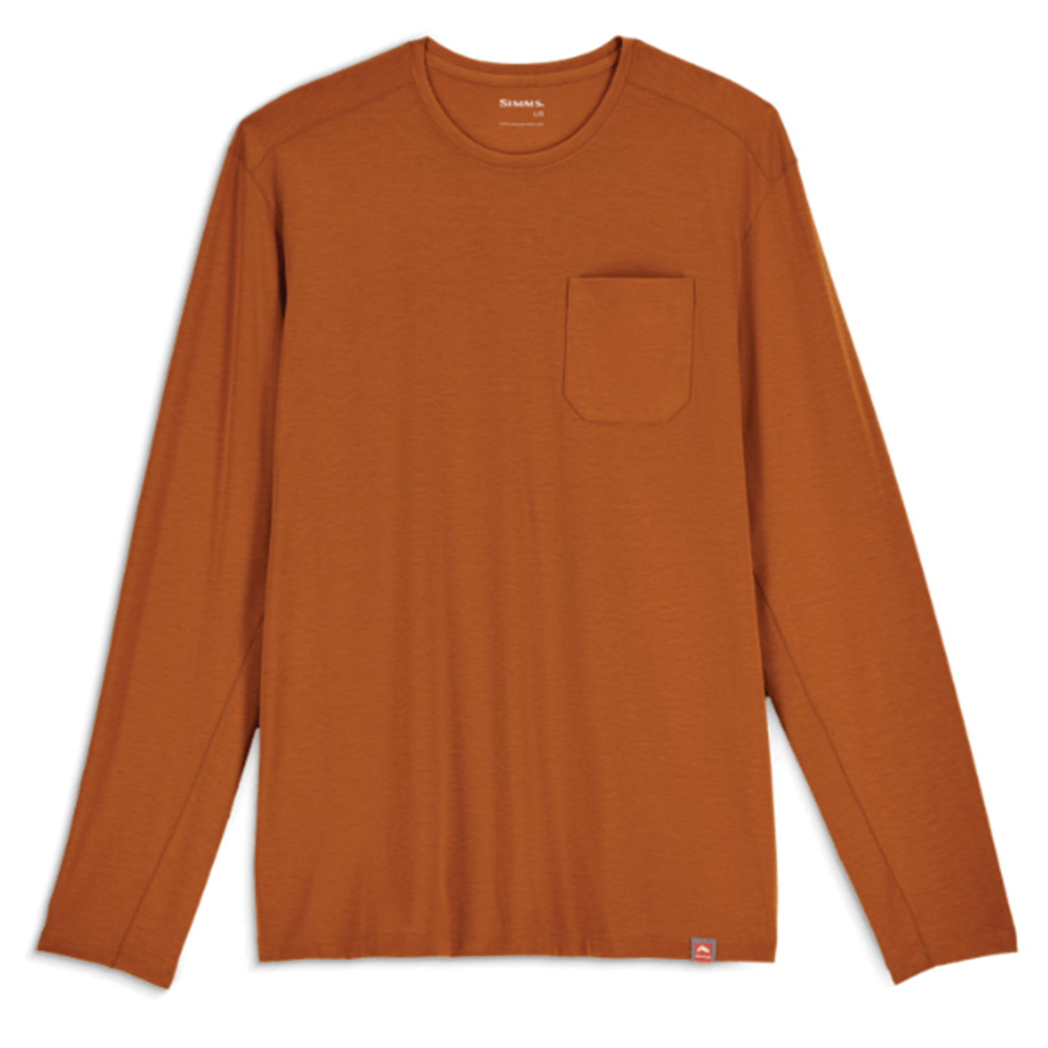 Simms Glades Crewneck - Men's in rust orange color, long-sleeve shirt with a round neckline and chest pocket, made from lightweight, breathable fabric suitable for outdoor fishing activities.