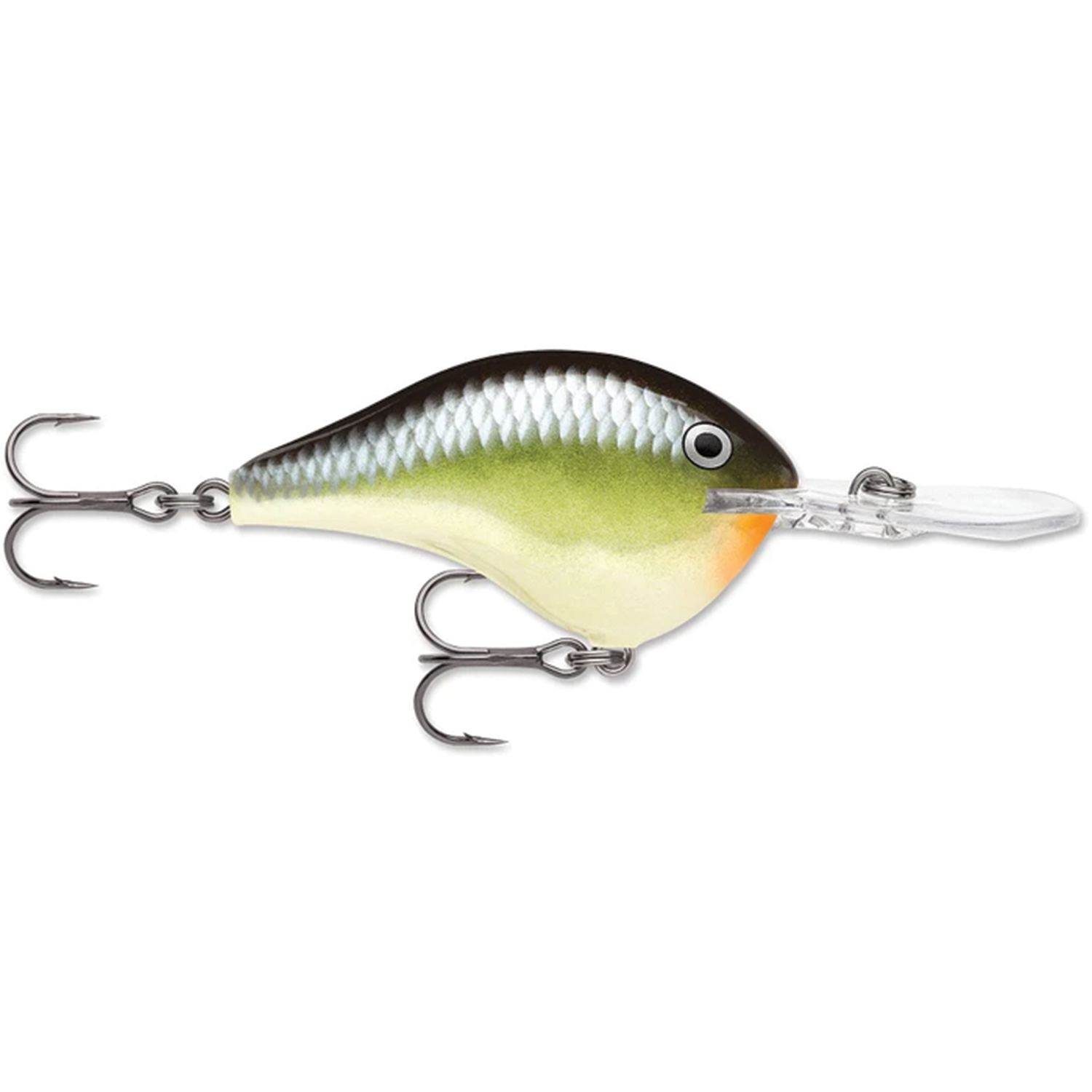 Rapala DT08 fishing lure designed with a green and silver scale pattern, detailed eye, and two treble hooks attached to a clear diving lip for effective fishing tackle use.