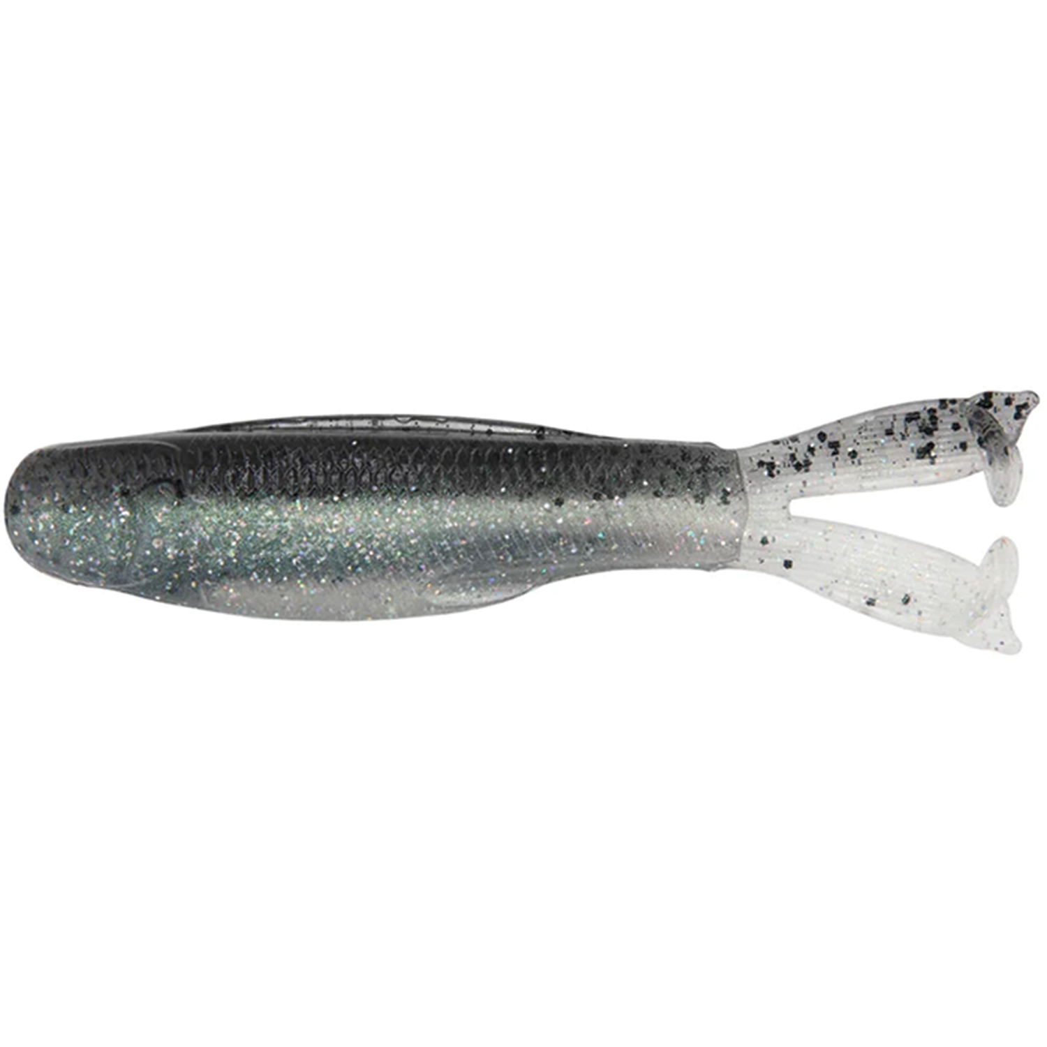 Z-Man Diezel Kickerz soft plastic fishing lure in translucent silver with black speckles and twin paddle tail, designed for effective musky fishing tackle.