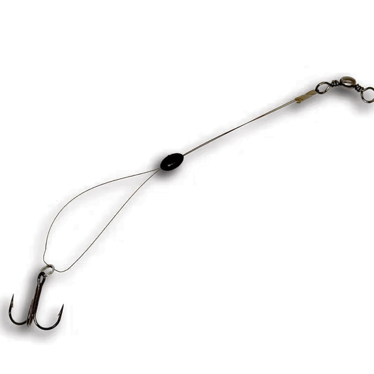 IDA Spear Company The Predator musky fishing tackle rig with wire leader black bead swivel and treble hook on a white background