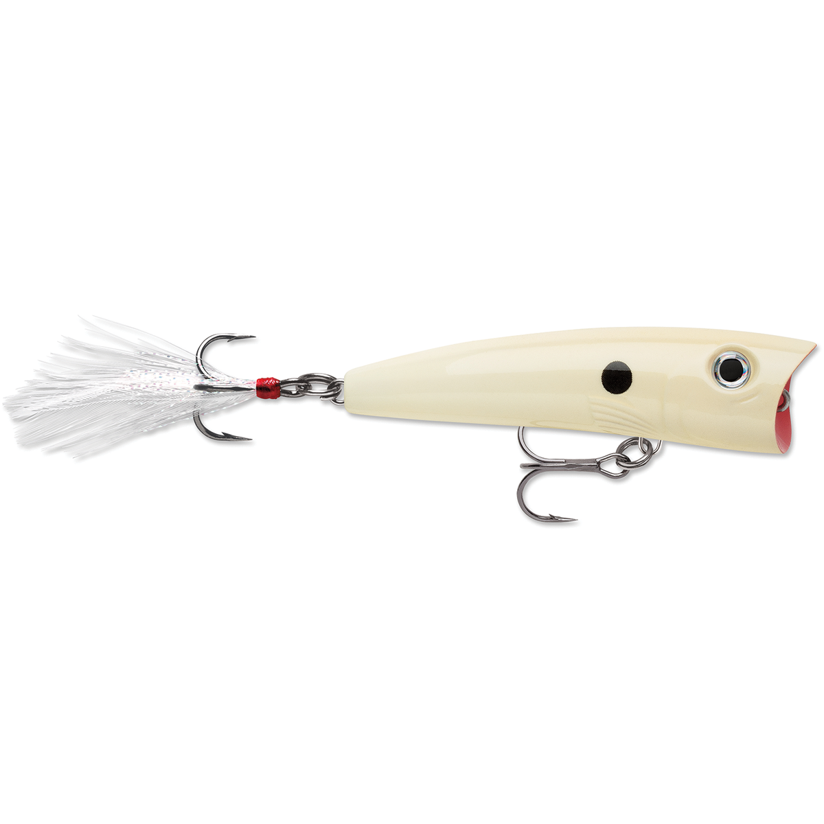 Rapala X-Rap Pop topwater fishing lure with cream body black eye treble hooks and white feathered tail for freshwater fishing tackle