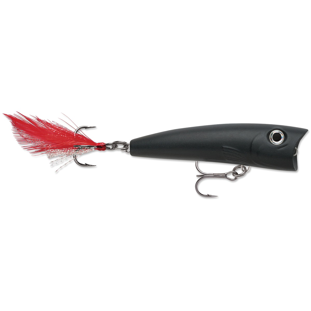 Rapala X-Rap Pop black topwater fishing lure with red feathered treble hook and realistic eye for anglers seeking effective fishing tackle