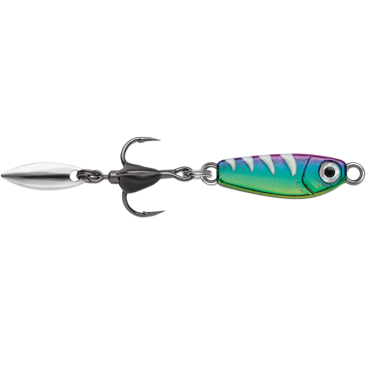 VMC Bladed Bull Spoon fishing lure with a vibrant green and purple fish-shaped body, silver blade spinner, and sharp black treble hook designed for attracting predatory fish.