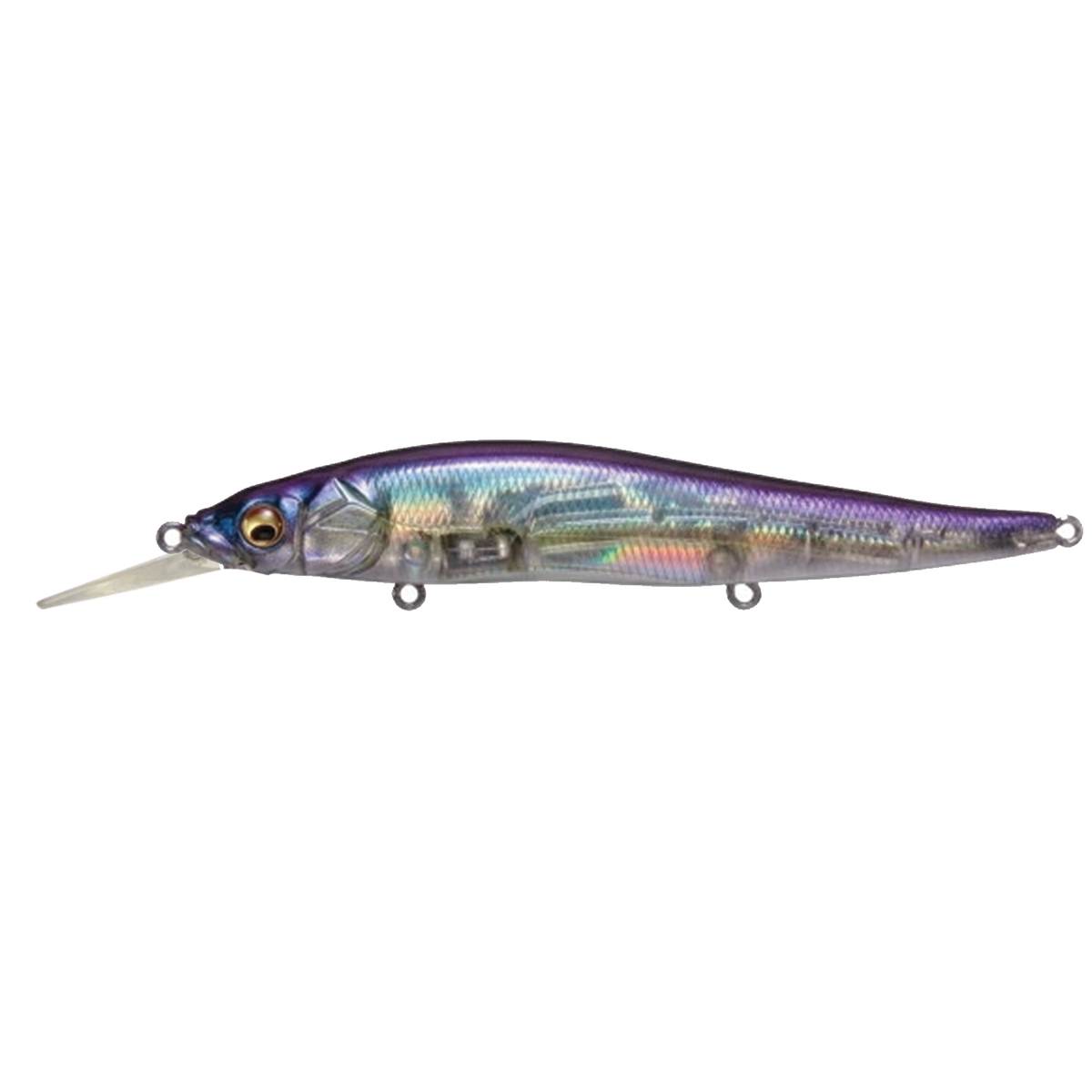 Megabass Vision 110+1 jerkbait fishing lure with translucent silver blue body holographic finish and long diving bill shown on a white background