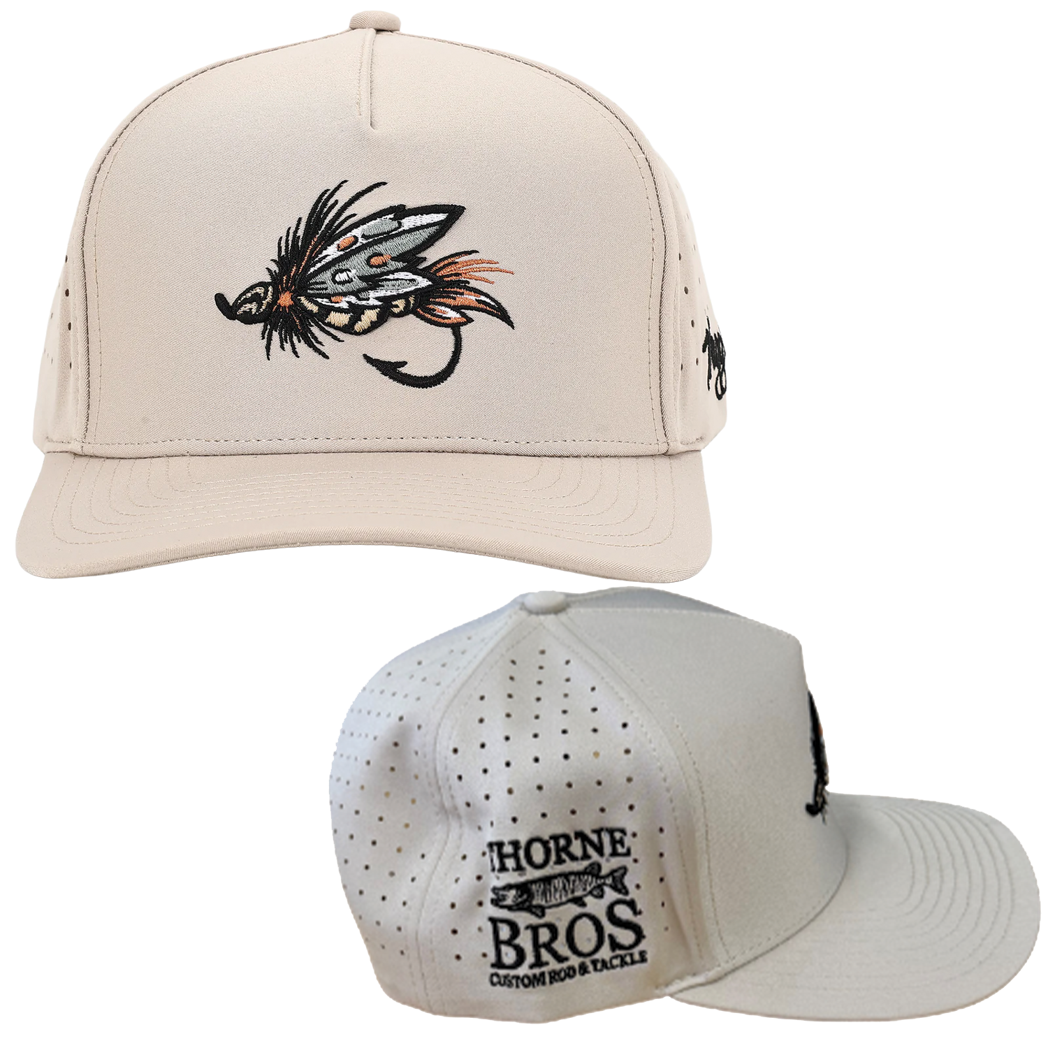 Thorne Bros Waggle Hats in beige with embroidered fishing fly on the front and Horne Bros logo with fish and custom rod and tackle text on the side, featuring breathable perforations.