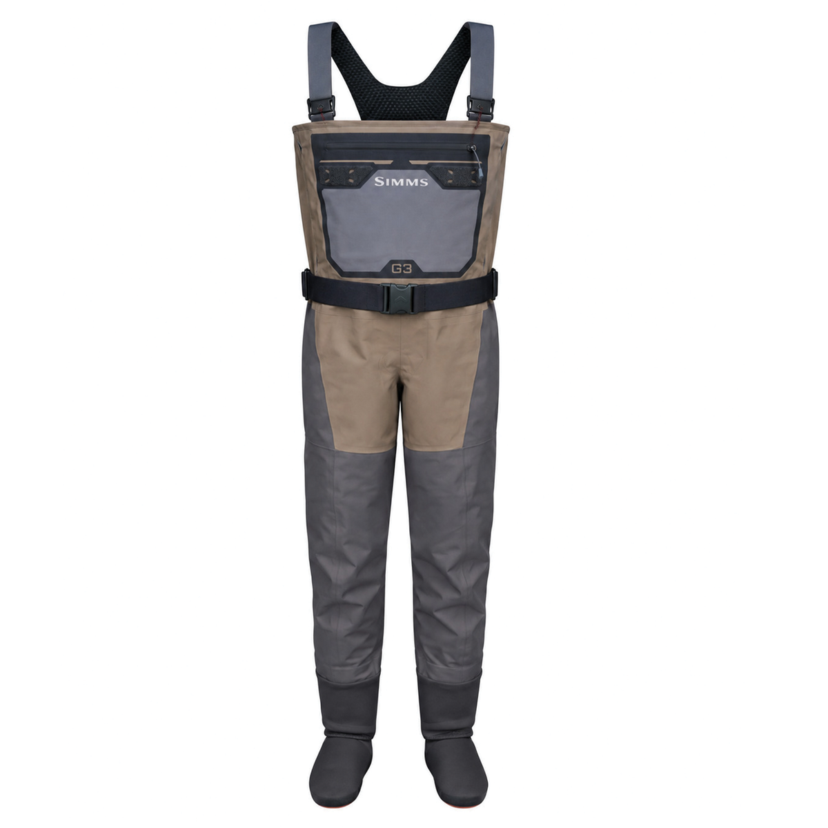 Simms G3 Pro Stockingfoot Waders - Women's in gray and brown with adjustable suspenders chest pocket waist belt and integrated stocking feet