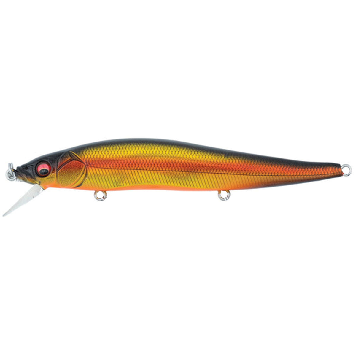 Megabass Vision 110 fishing lure with yellow orange and black scale pattern red eye and clear diving lip for freshwater fishing tackle