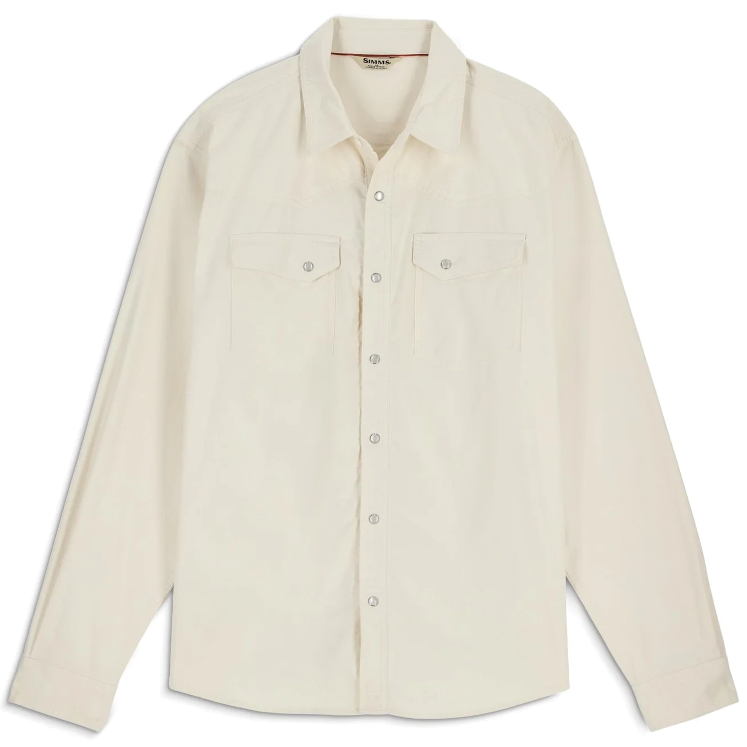 Simms Brackett Flannel - Men's in a light beige color, featuring a button-up front, long sleeves with cuffs, and two chest flap pockets with buttons, designed for outdoor fishing activities.