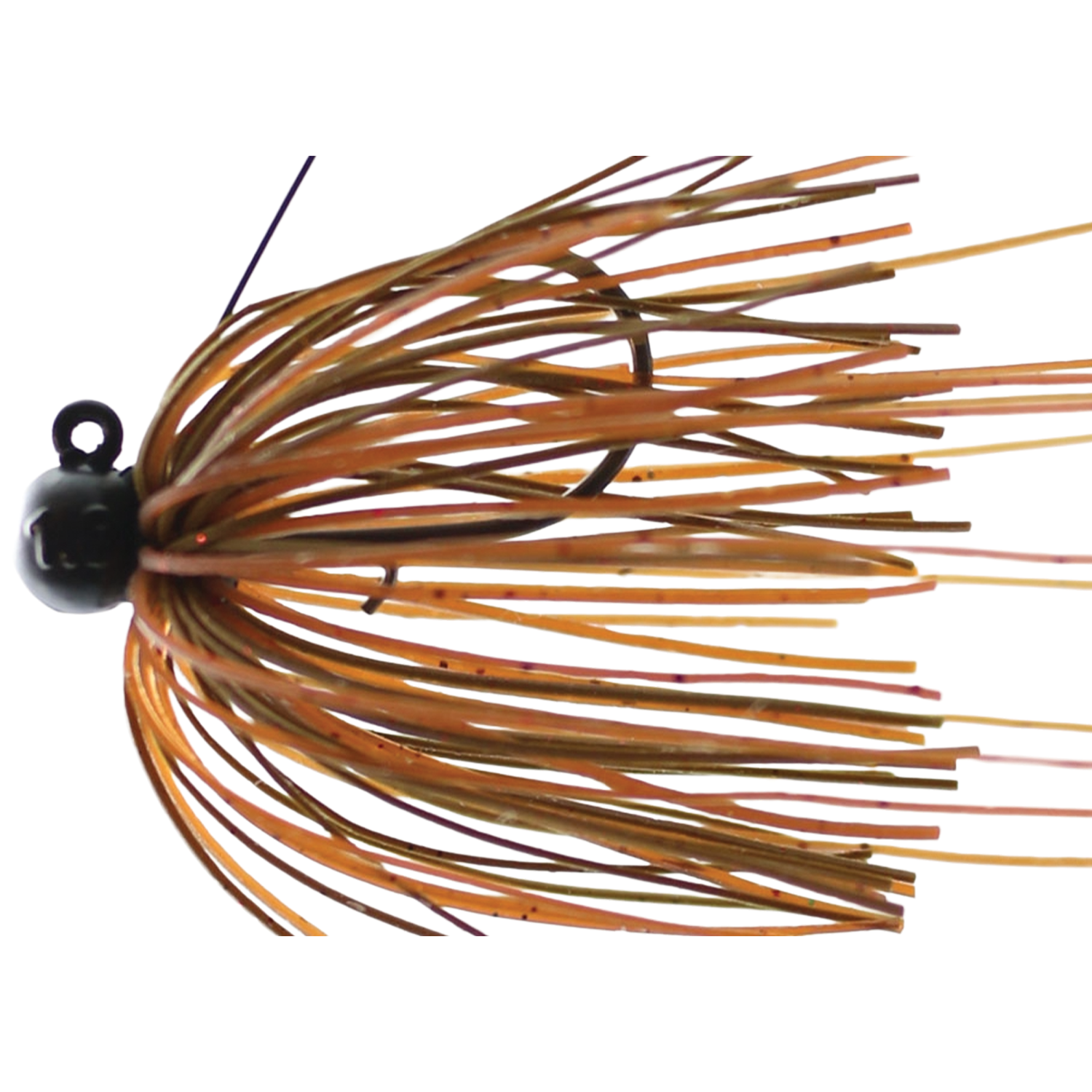 Issei Bibibi Shot fishing lure with brown and orange silicone skirt strands attached to a weighted black jig head, designed for musky fishing tackle.