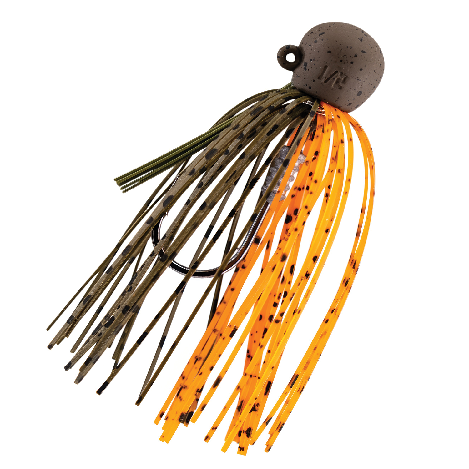 Z-Man TRD Finesse Jig with a round, speckled head and multi-colored skirt featuring olive green and bright orange strands, designed for fishing tackle use.