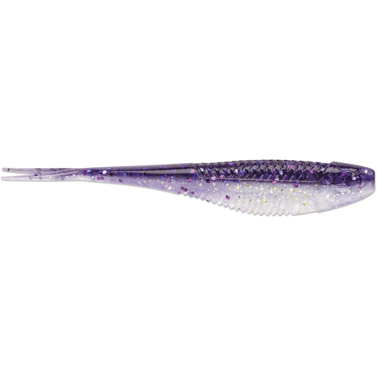 Rapala CrushCity The Jerk soft fishing lure in translucent purple with glitter accents, designed to mimic baitfish for effective fishing tackle use.