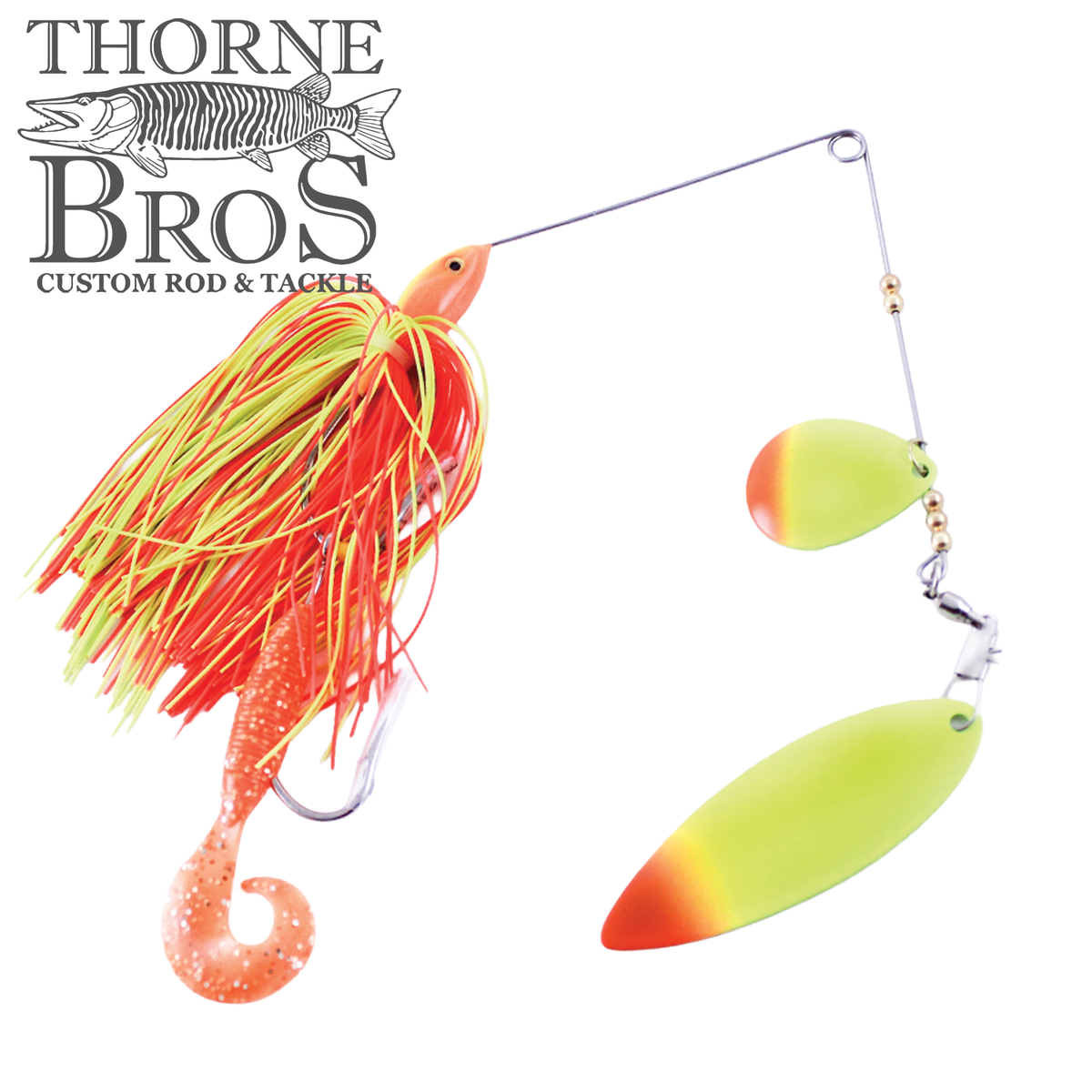 Ace Baits Original Spinnerbait featuring a red and yellow skirt soft plastic trailer and two chartreuse blades with red tips for musky fishing