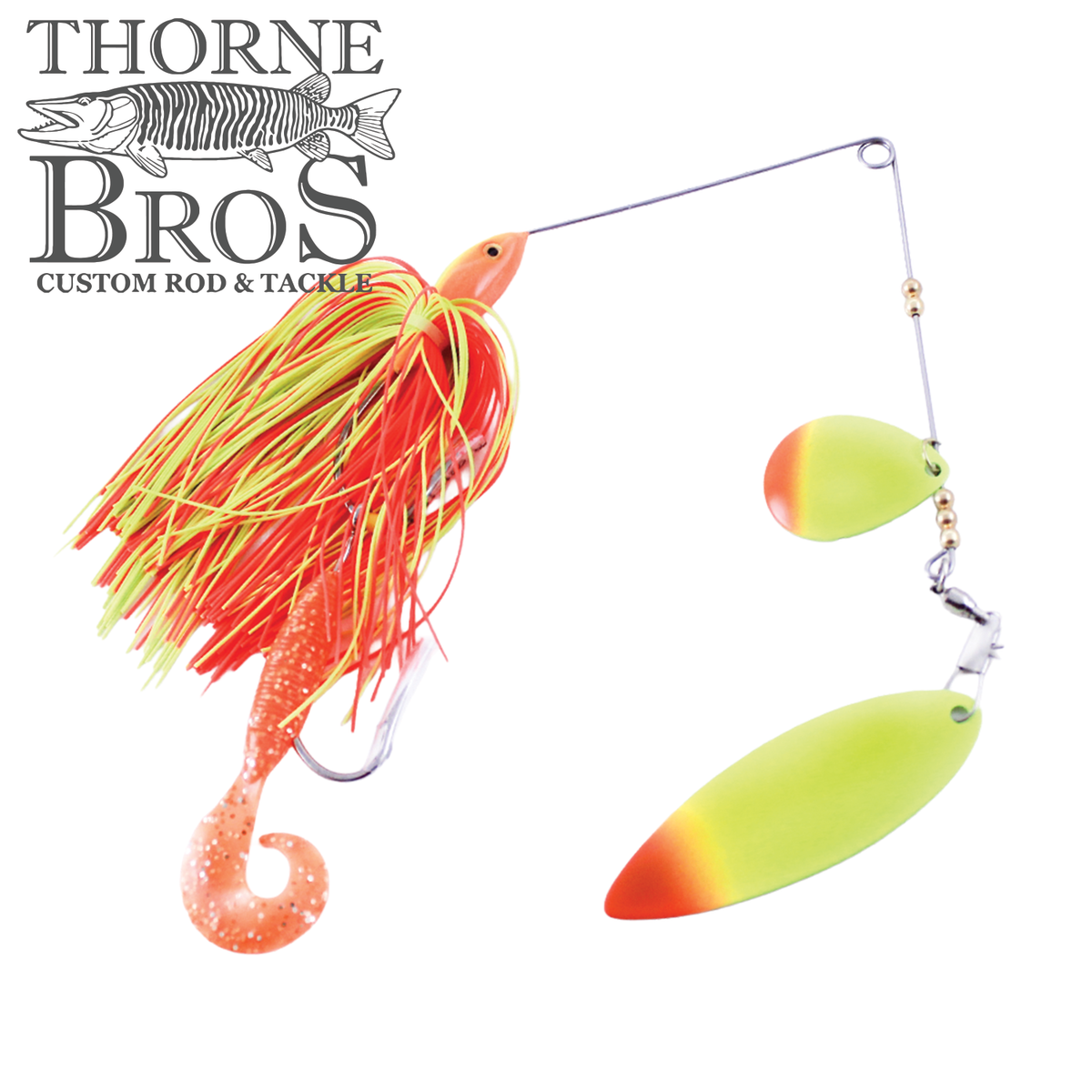 Ace Baits Big Ace Spinnerbait featuring a bright chartreuse and orange skirt with a curly tail and two reflective blades for musky fishing tackle