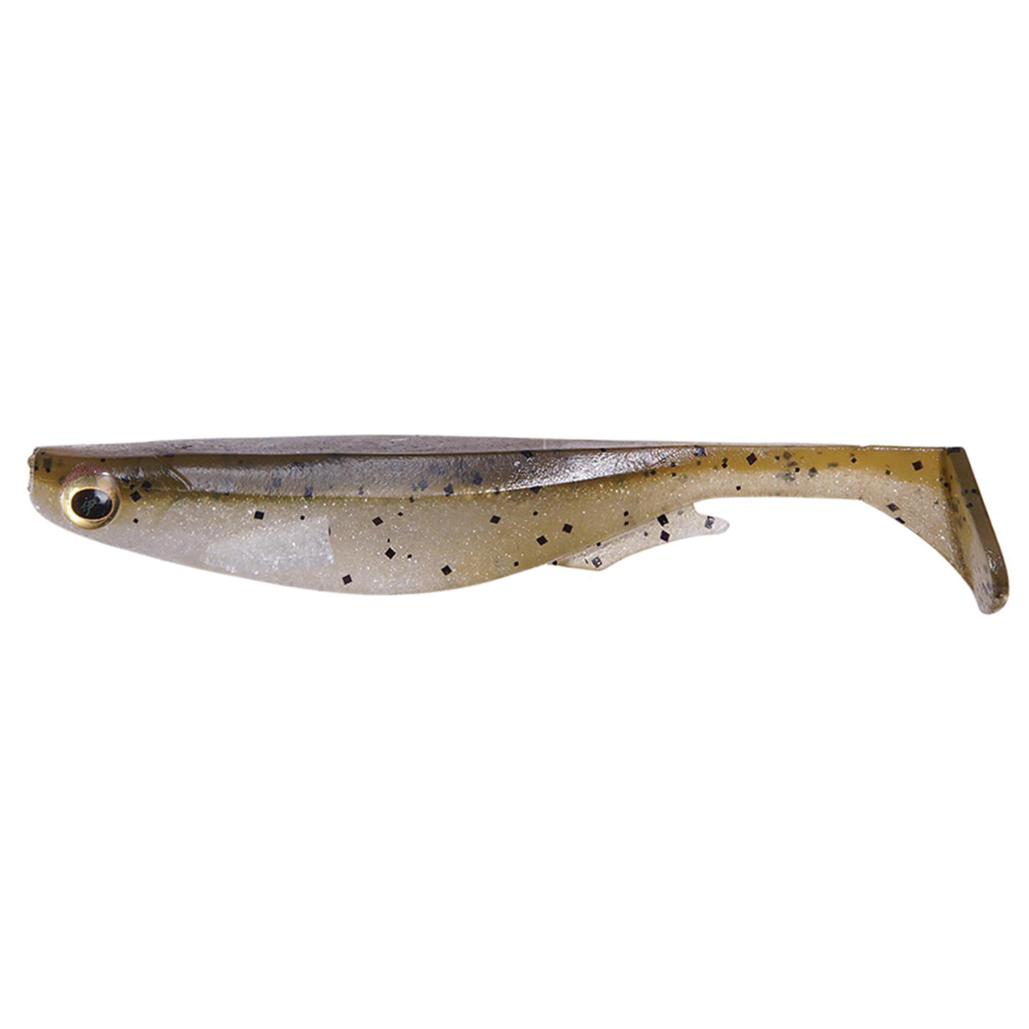 Megabass Spark Shad USA soft plastic fishing lure in translucent brown with black flecks, designed to mimic a small baitfish for effective fishing tackle use.
