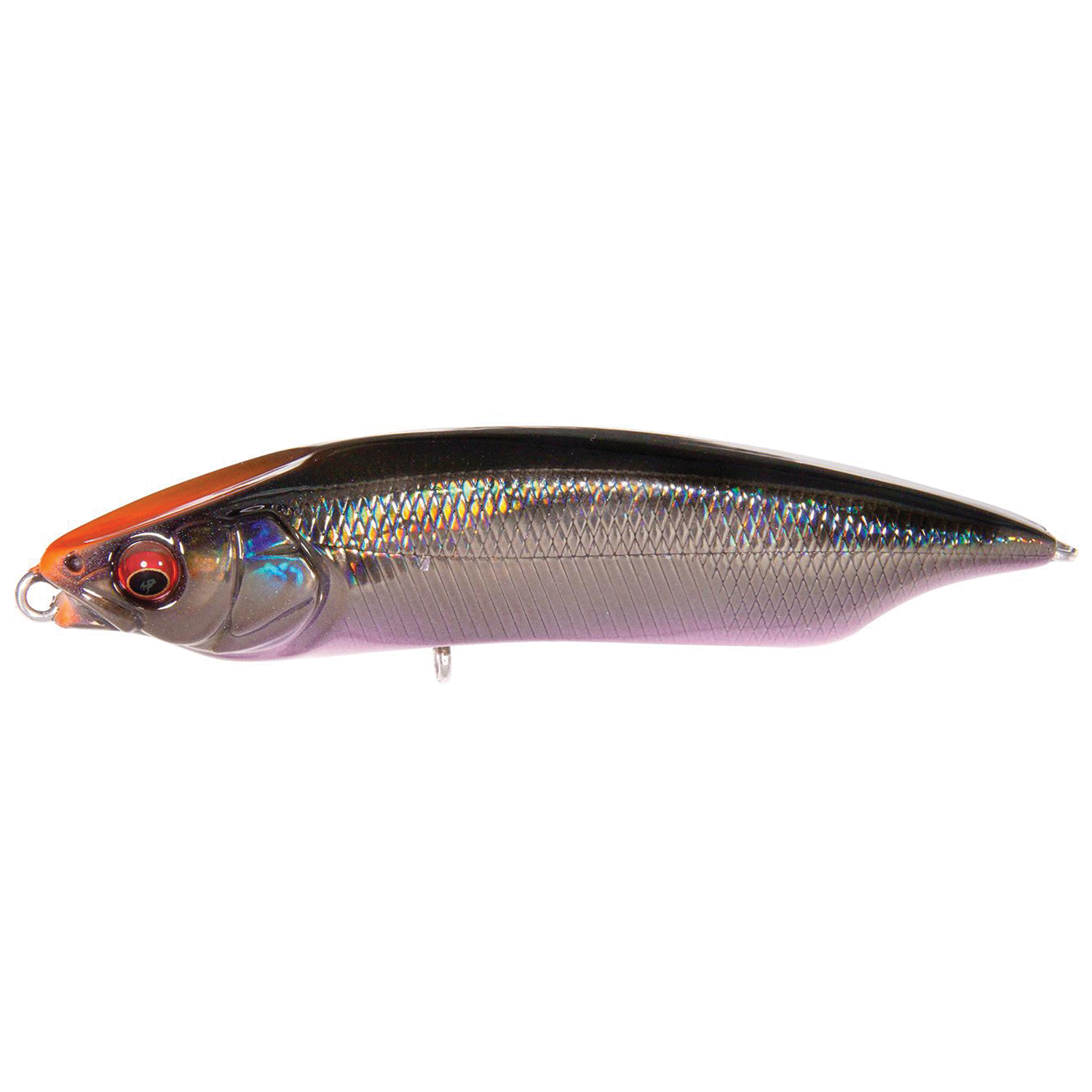 Megabass Karashi 80 fishing lure with a sleek, detailed body featuring iridescent scales, a black back, and an orange head designed for attracting predator fish.