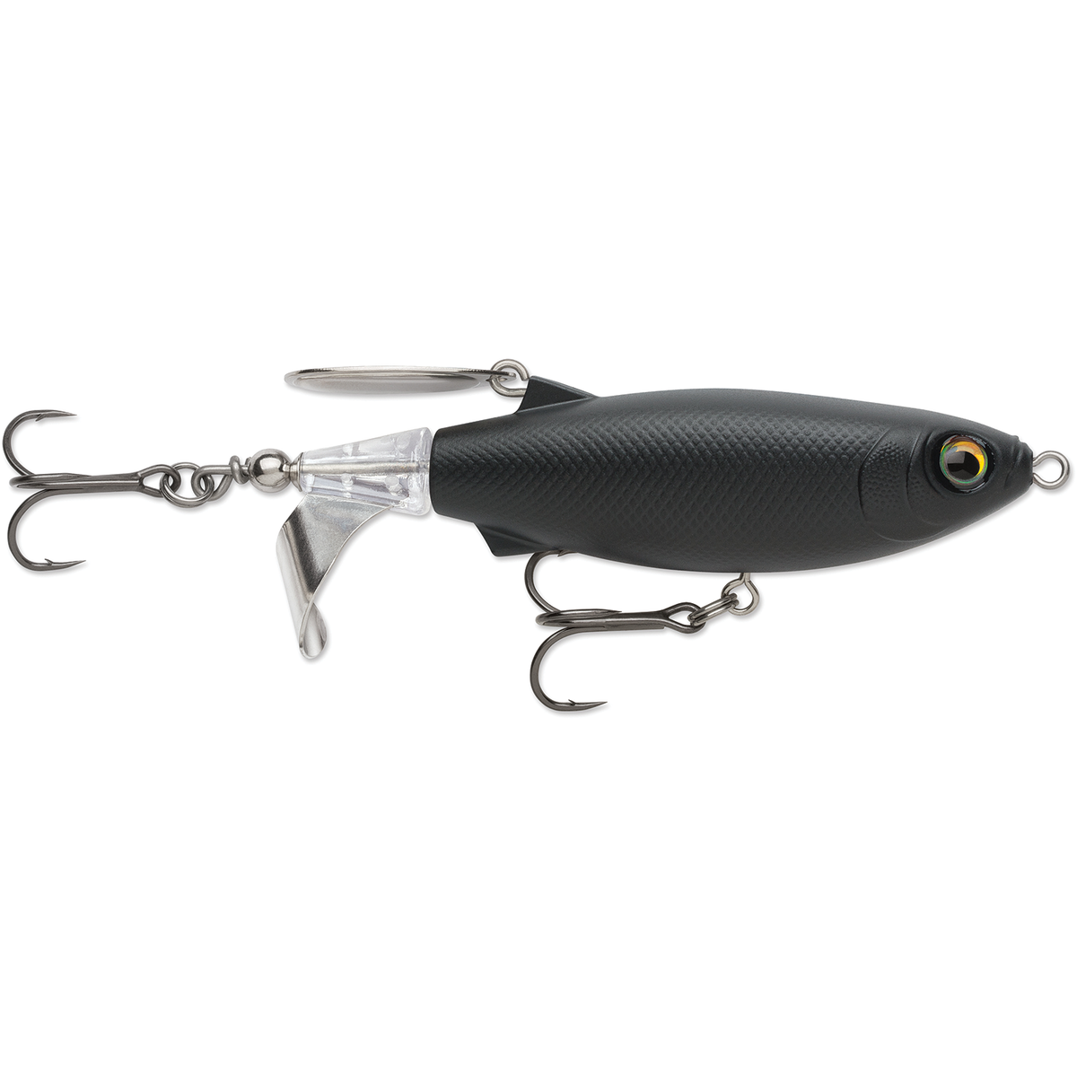 Rapala Claptail black fishing lure with silver tail blade realistic eye and treble hooks for surface fishing tackle and musky anglers