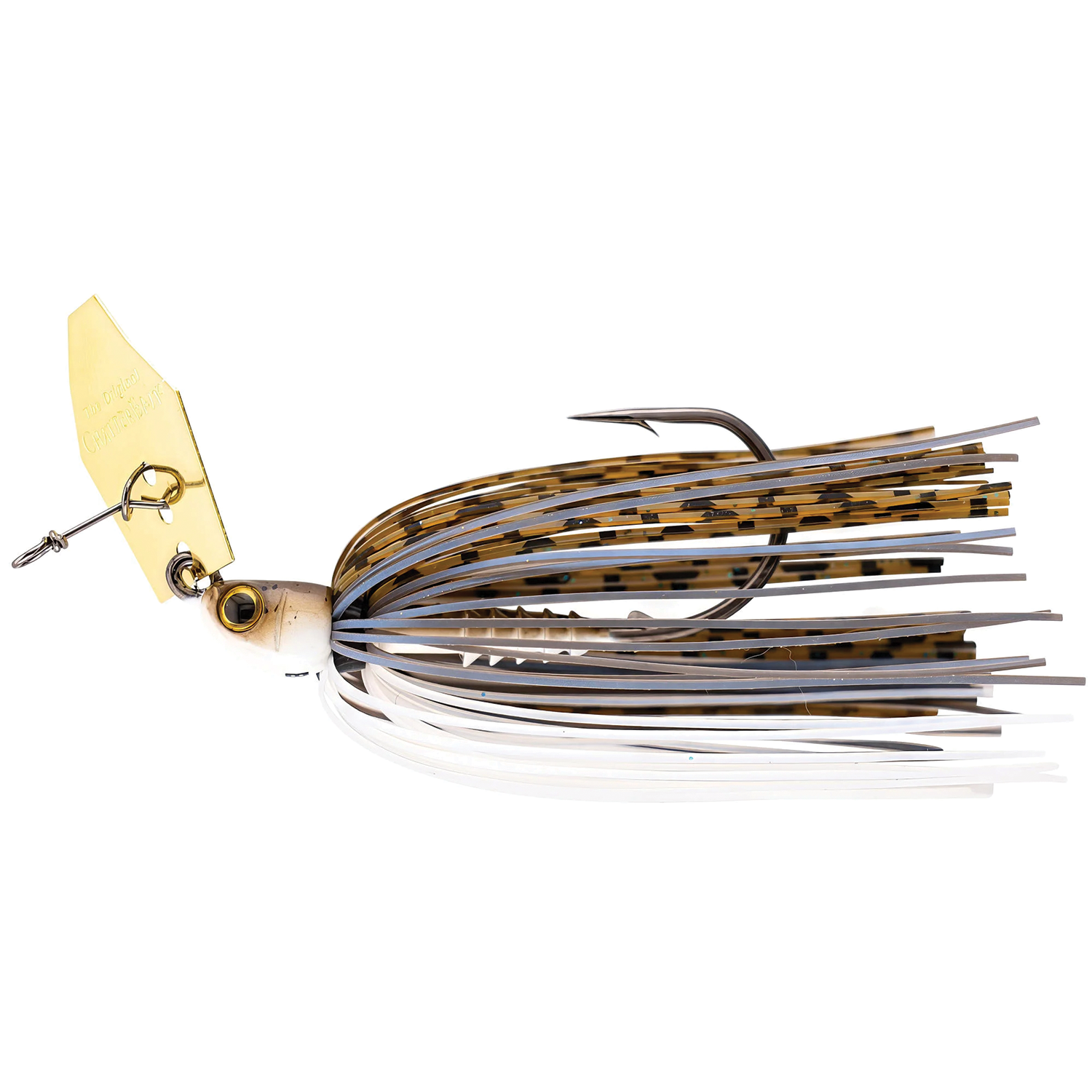 Z-Man Chatterbait PZ2 fishing lure featuring a gold-colored metal blade, white and brown skirt with black stripes, and a sharp single hook for fishing tackle.