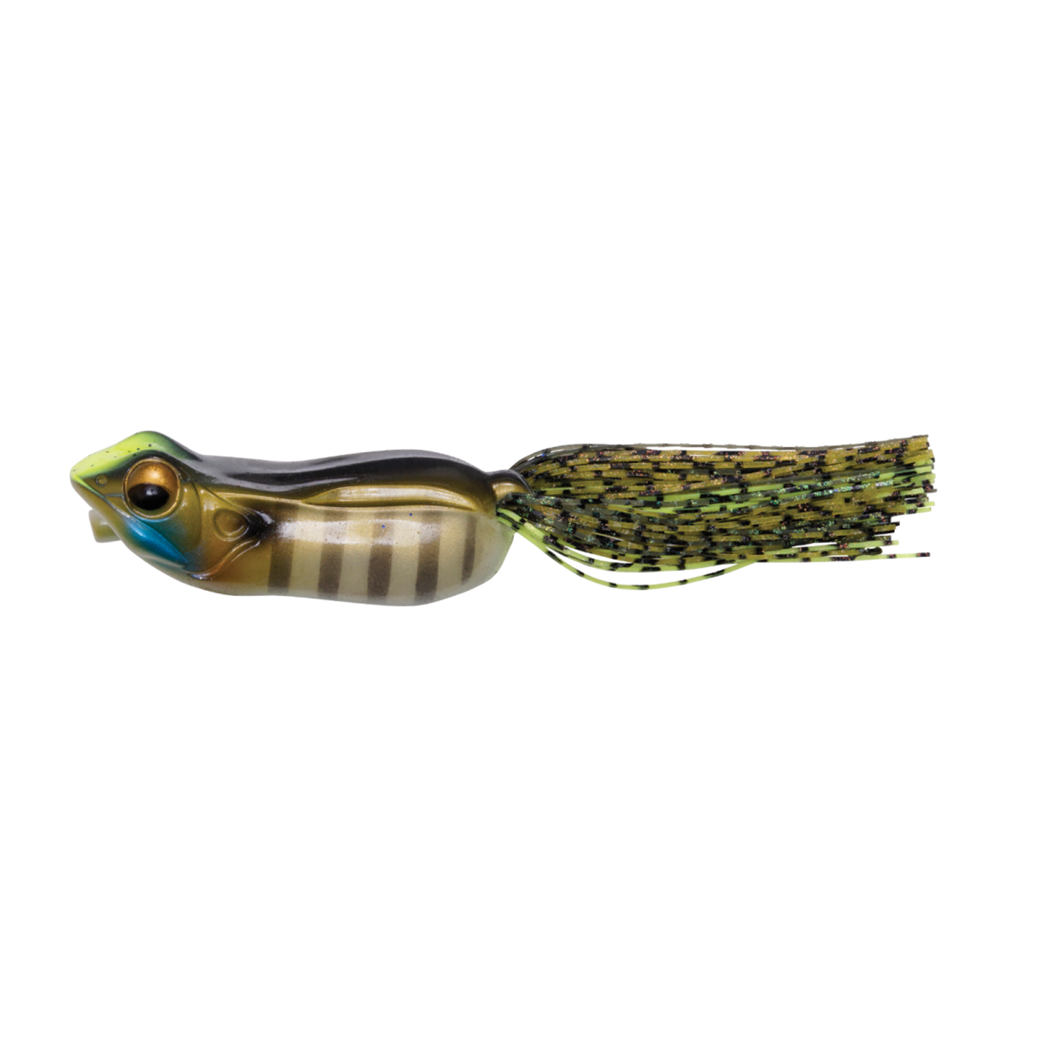 Megabass Big Gabot fishing lure designed with a fish-like head and striped body, featuring a skirted tail with green and black strands for musky fishing tackle.