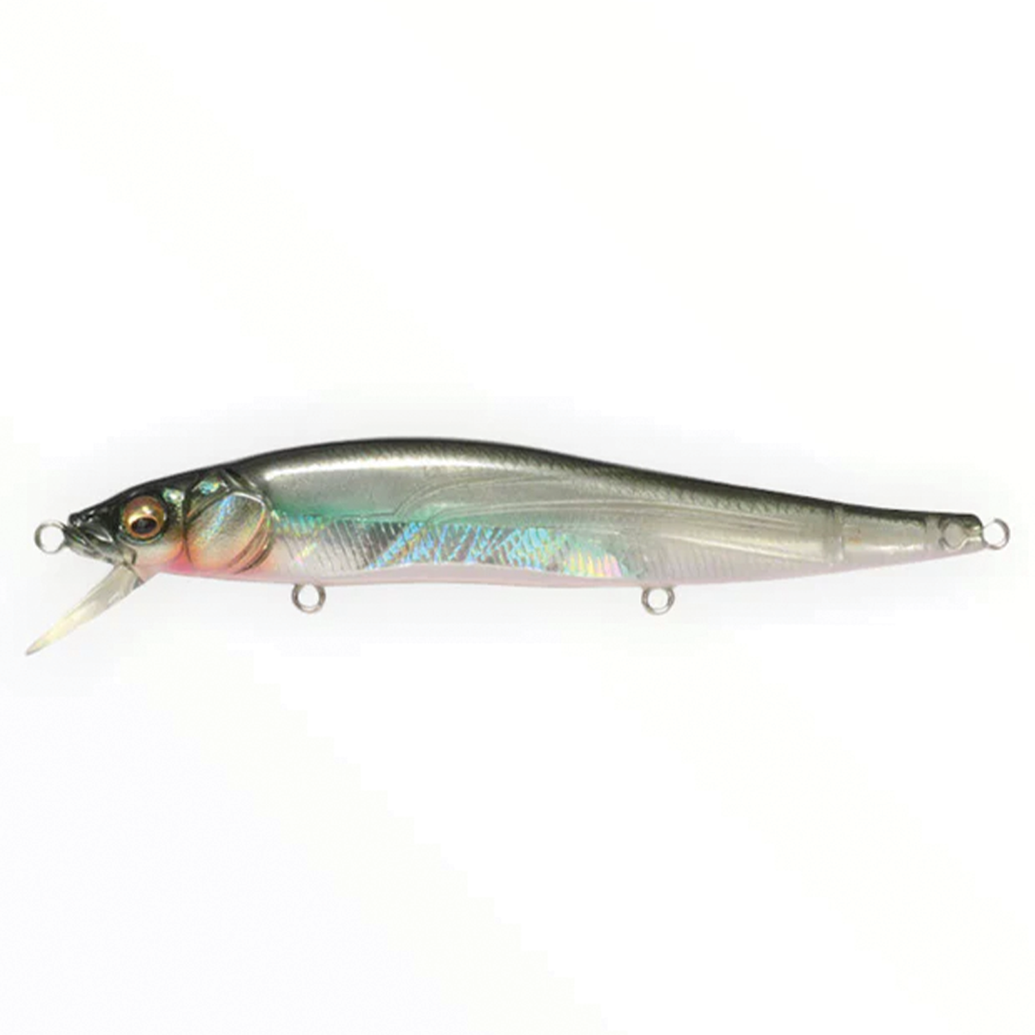 Megabass Vision 110 Jr. fishing lure with a sleek, silver body, realistic eye detail, and a small clear diving lip designed for effective fishing tackle use.