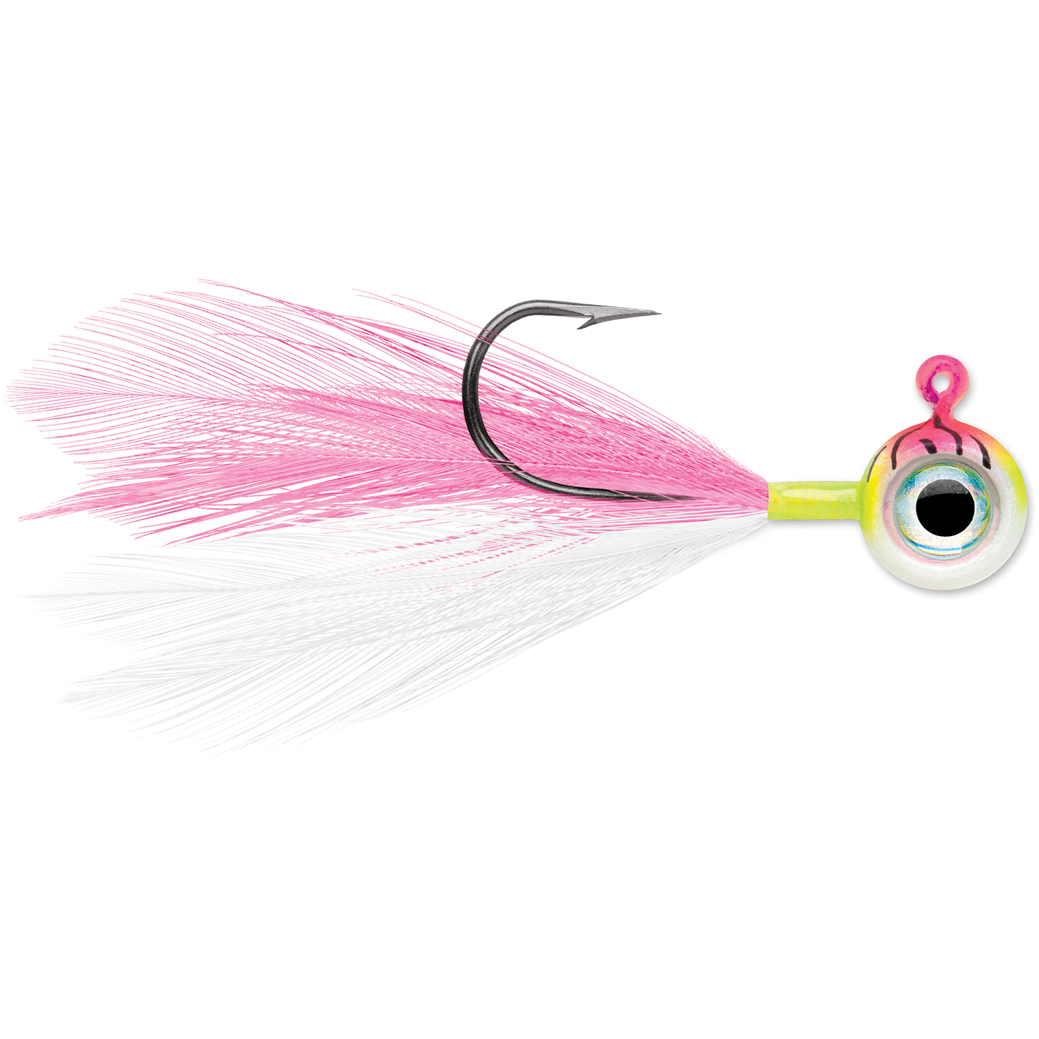 VMC Moon Fly Jig fishing lure with pink and white feather skirt, a single sharp black hook, and a round painted jig head featuring a large eye design.