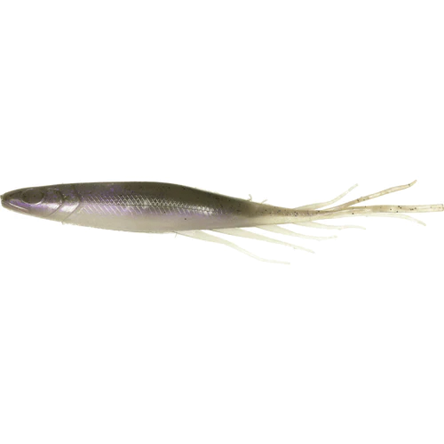 Soft fishing lure in muted natural colors with elongated body and multiple thin appendages, designed to mimic baitfish for angling, identified as Hideup Judy Fish 5.2".