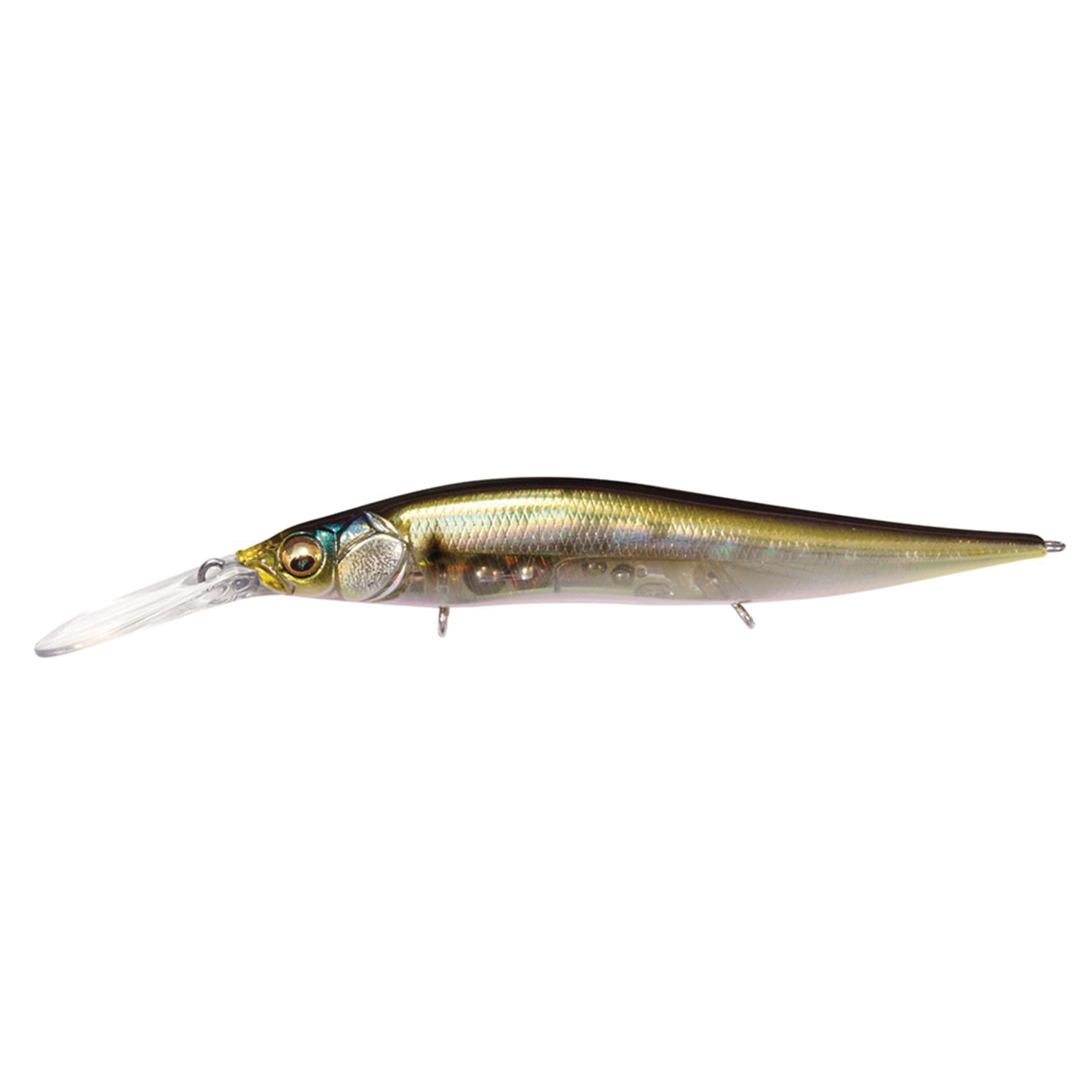 Megabass Vision 110+2 Jr. fishing lure with a sleek, elongated body in metallic gold and green, featuring a clear diving lip designed for precise underwater action.