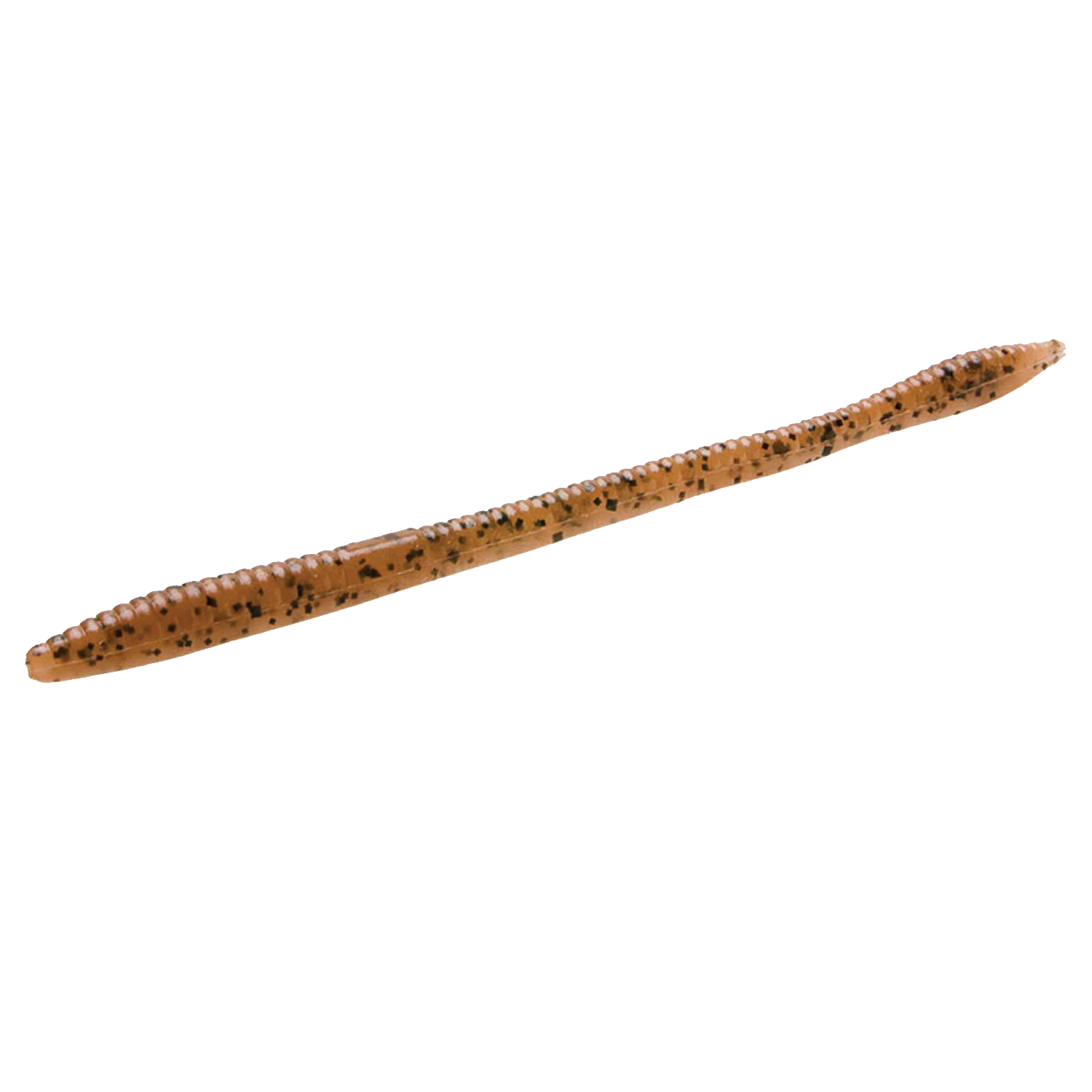Zoom Bait Company Trick Worm, a soft, flexible fishing lure in translucent brown with black speckles, designed for use with fishing tackle to attract fish.
