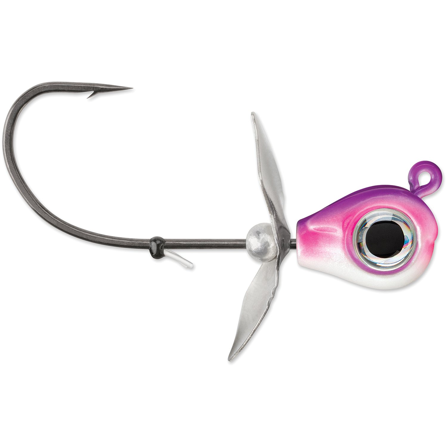 VMC Snitch Jig with a sharp single hook, metallic pink and white painted head, large eye detail, and two silver rotating blades designed to attract fish underwater.