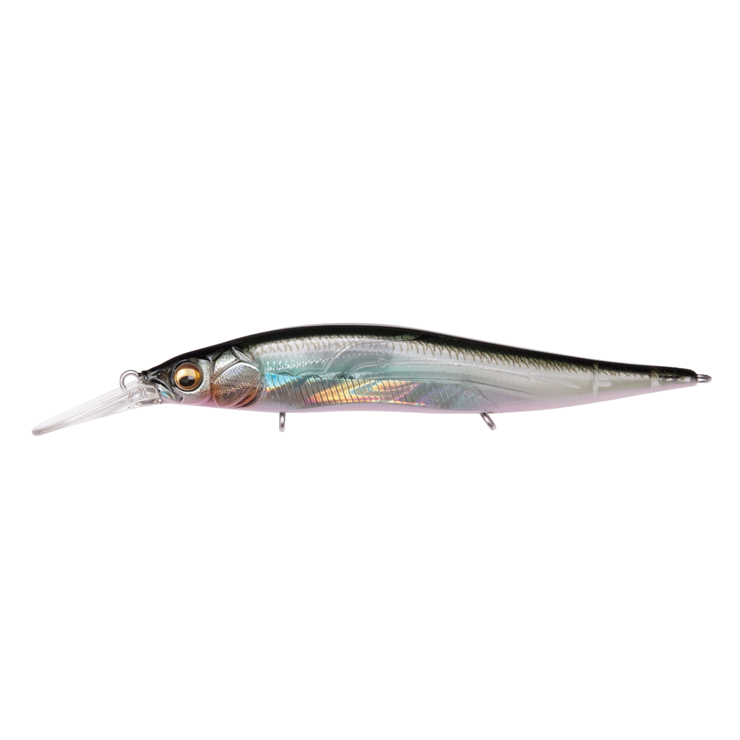 Megabass Vision 110+1 Jr. fishing lure with a sleek, reflective body and detailed fish eye, designed for effective musky and freshwater fishing tackle.