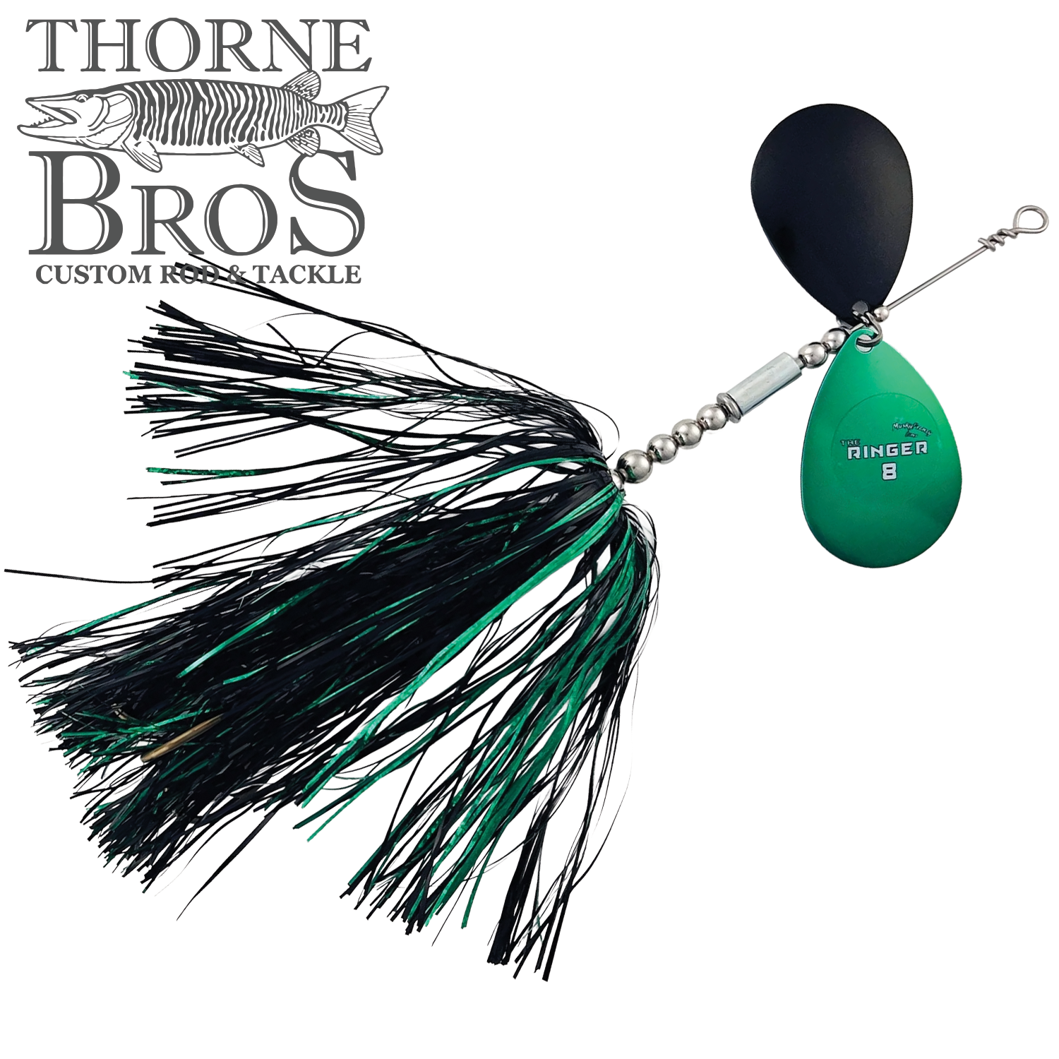 Musky Frenzy The Ringer 8 fishing lure with black and green skirt, featuring two metal spinner blades and a beaded wire body, designed for musky fishing tackle.