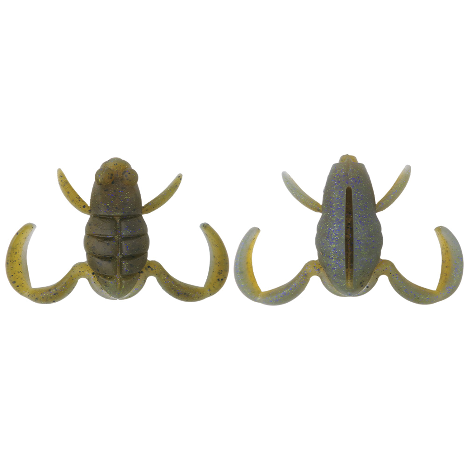 Two views of a BottomUp Scooper Frog Magnum fishing lure in olive green with speckles, featuring curved legs and detailed body texture designed for musky fishing tackle.