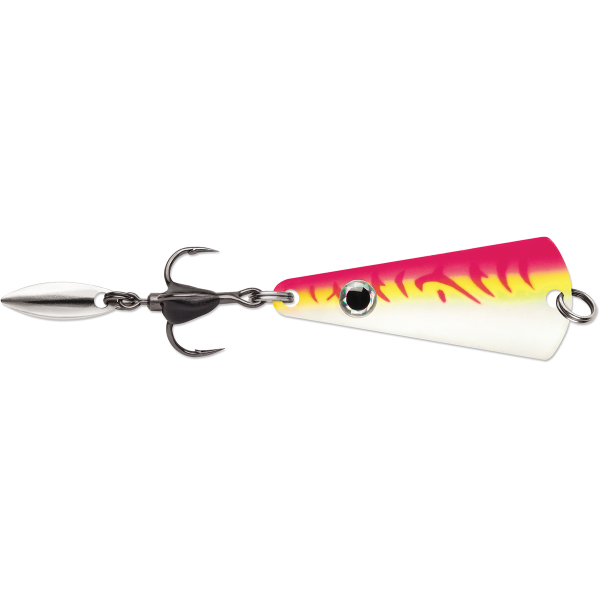 VMC Bladed Tingler Spoon fishing lure with red and yellow striped body silver blade and treble hook for musky fishing tackle