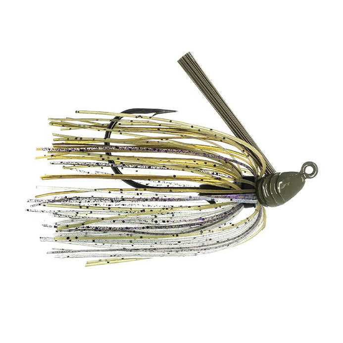 Dirty Jigs Weekender Swim Jig with a green painted head and multi-colored skirt featuring yellow, white, and black strands, designed for fishing tackle use.