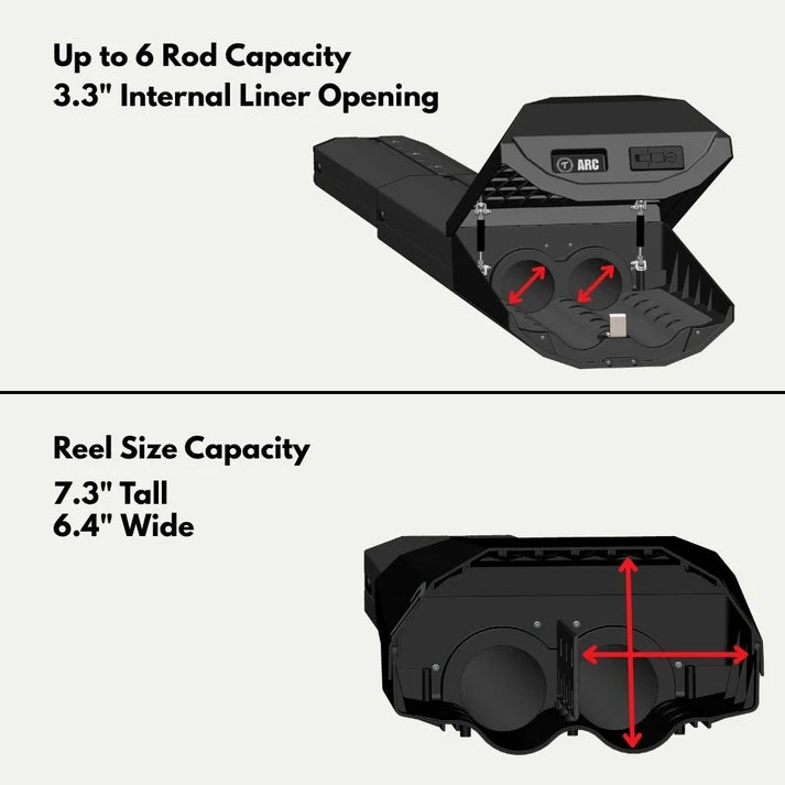 Trxstle ARC Fishing Rod Carrier shown open with capacity for up to 6 fishing rods and storage space for reels in a protective case