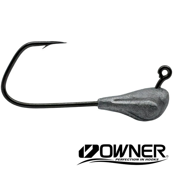 Cast Again Tackle Assassin Tube Jig Head featuring a sharp black fishing hook with a weighted, streamlined gray lead head, designed for use with fishing tackle in musky and ice fishing.