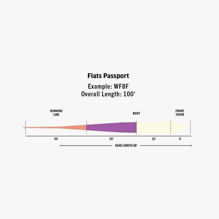 Rio Ambassador Series Flats Passport fly line taper diagram showing WF8F profile with running line body front taper and 100 foot overall length