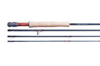 Thomas & Thomas Avantt II Fly Rod shown disassembled into three dark blue sections with a cork handle and red accents, designed for fishing tackle enthusiasts.