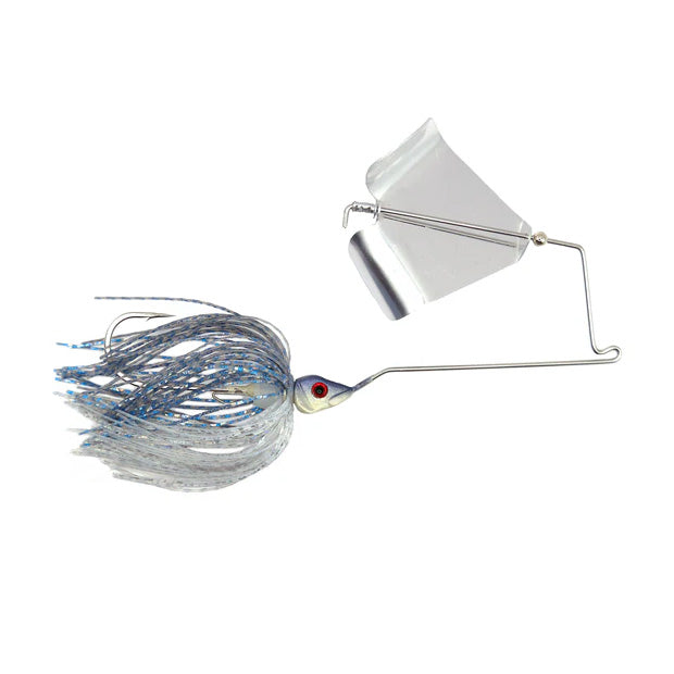 Epic Baits Slow Roll'r Buzzbait fishing lure with a silver and blue skirt, red-eyed head, and a propeller blade designed for attracting musky and other game fish.