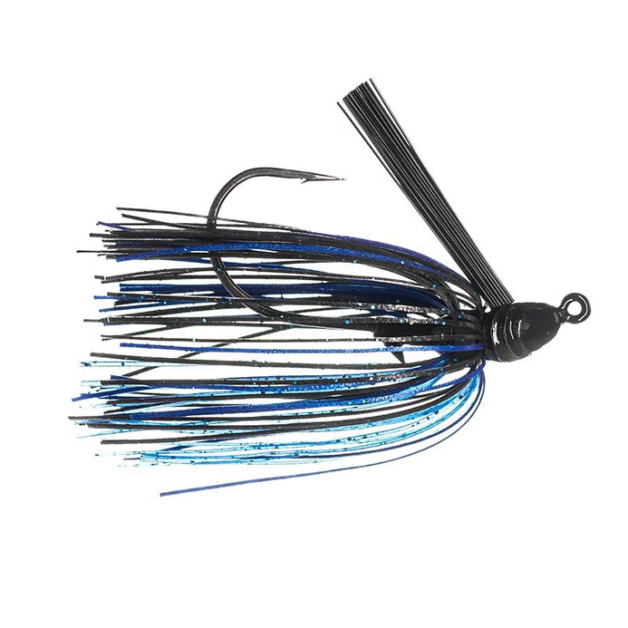 Dirty Jigs Weekender Swim Jig featuring a black and blue skirt with a sharp hook and weed guard, designed for effective fishing tackle use in various water conditions.