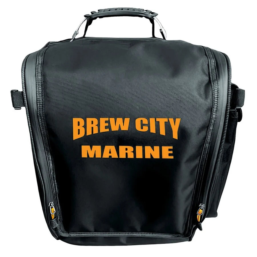 Brew City Shuttle Bag - SKU: BC-SBG black fishing tackle bag with top handle side straps and dual zippered compartments