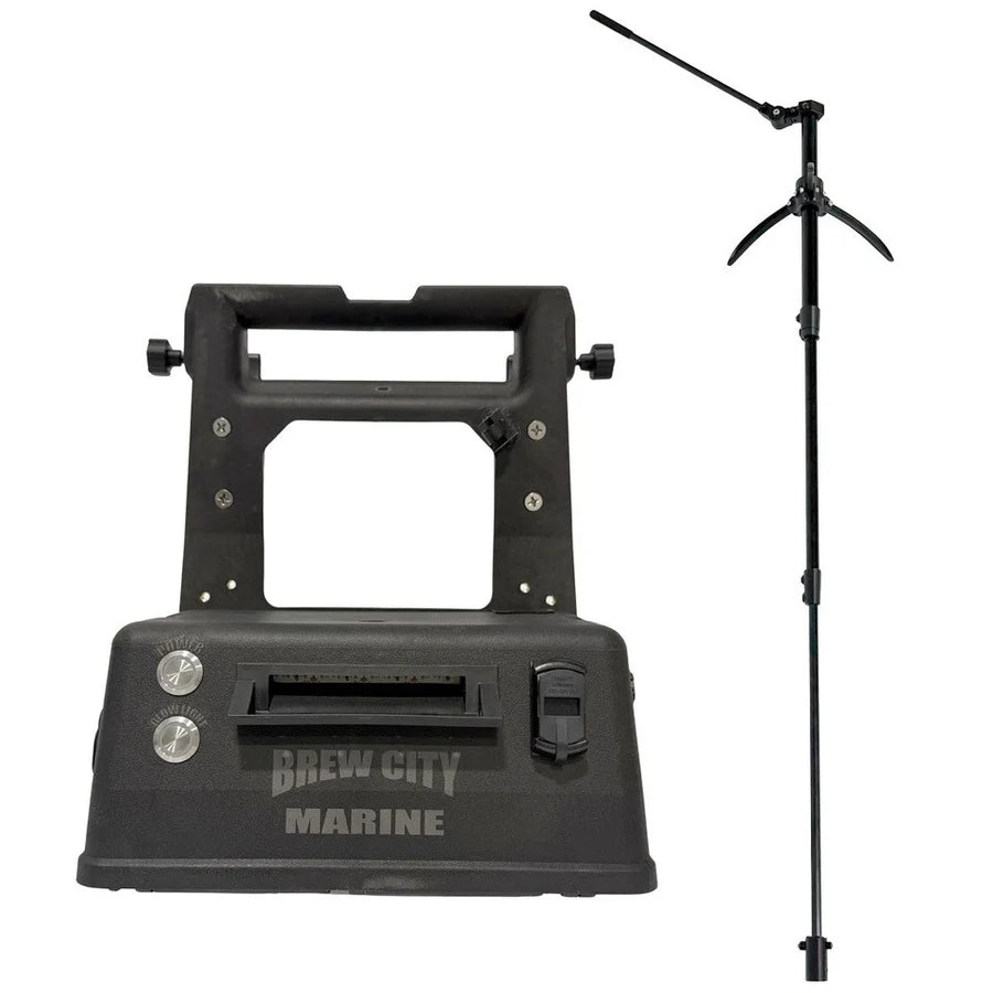 Brew City Shuttle & Ice Pole Bundle - SKU: BC-SPB black ice fishing shuttle base with adjustable ice fishing pole for portable fishing tackle