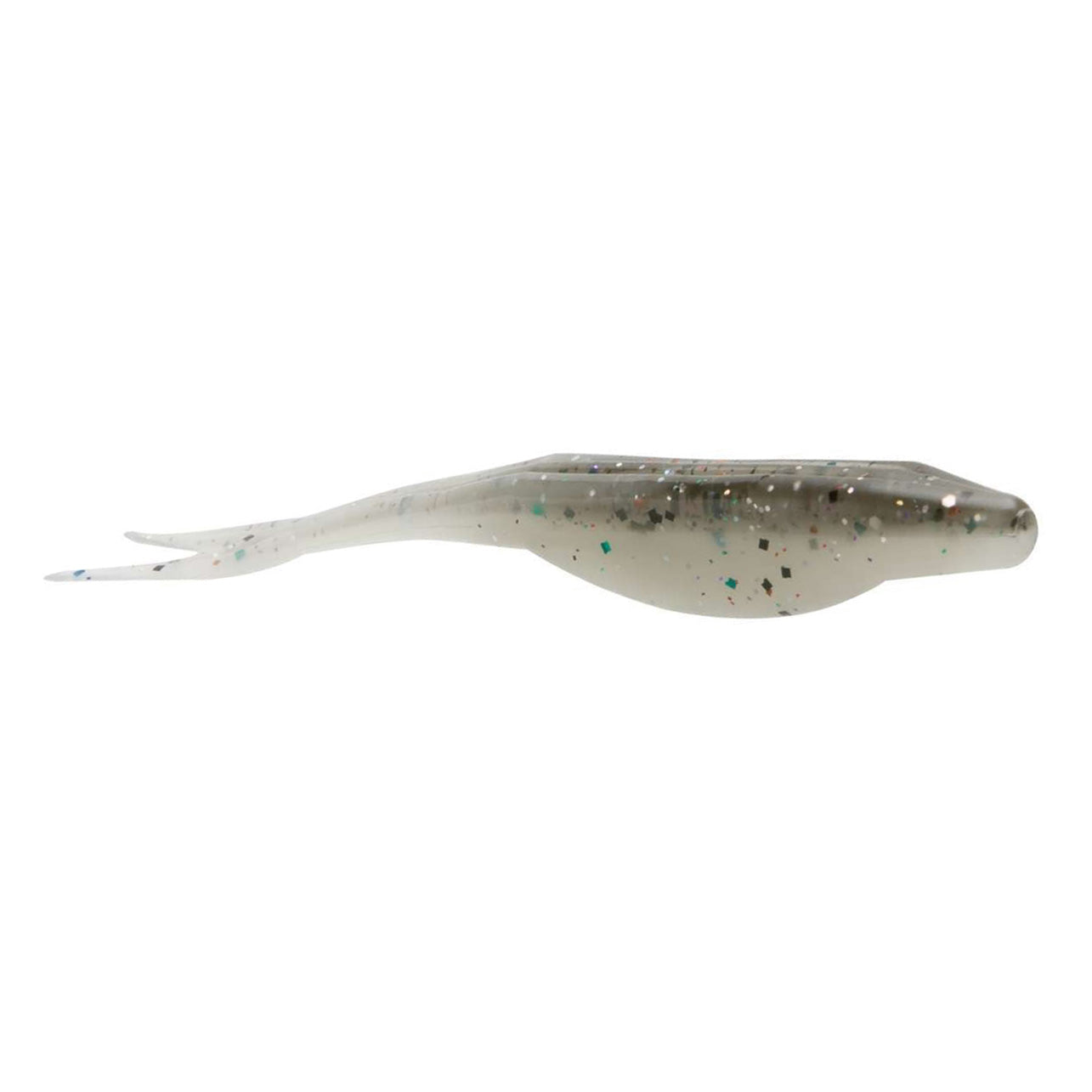Zoom Bait Company Super Fluke Jr, a translucent soft plastic fishing lure with silver and blue glitter flecks, designed for effective fishing tackle use.